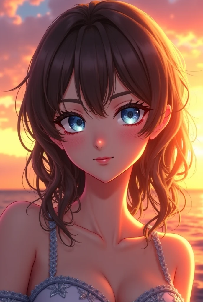  adorable, seaside,  indonesian school girl, (portrait, close-up:1.1),scrunchie, ( dimple cheek,glossy lips:1), big breasts, (sexy swimwear, suggestive ),   looking at viewer,  ,sweaty, (baby face, chubby, cute),  wide hip, ( grin:0.7), (pale skin:1.2), , sunset,  catch_light,