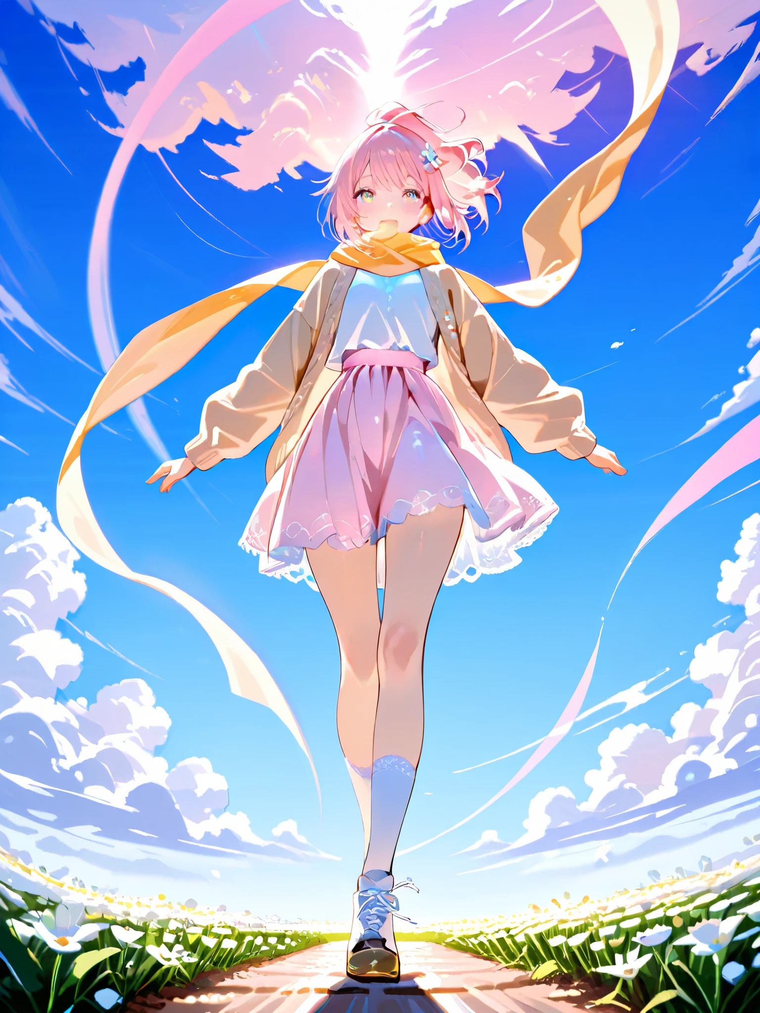walking as if flying in the wind, hair and clothes flowing dramatically, lightly fluttering scarf, soft ponytail, small flower hairpin, flowing white shirt, light pink flare skirt, beige cardigan, white high socks, white lace-up shoes, joyful, free-spirited, detailed background, vast blue sky with scattered clouds, wide-open field below,