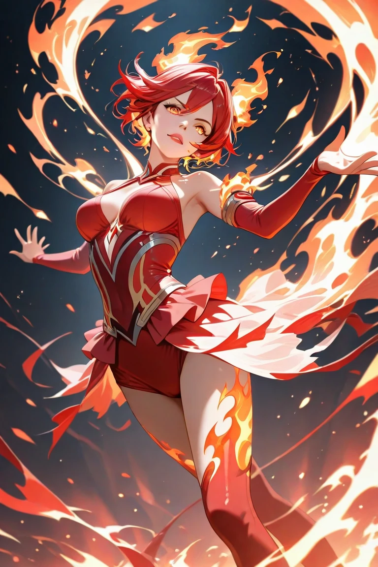 ((Detailed, 8k, masterpiece, high definition)) Ember, solo, 1 girl, girl made of fire, wide hips, big ass, big breasts, sexy seductive posture, dynamic pose, bedroom, ((Detailed, 8k, masterpiece, high definition)) sexy seductive tight cut out dress, tight highs, high heels, garter straps underneath, chocker, arm sleeves, sexy seductive smile on face, ((full body view)), ready to mate