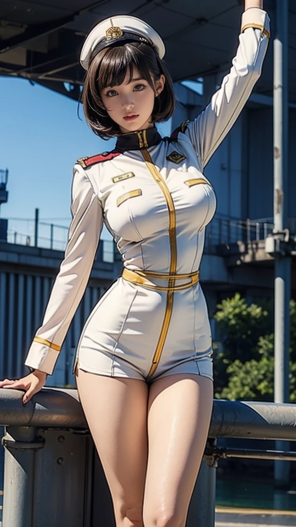 (((masterpiece,best quality,8K,super detailed,high resolution,anime style,Absolutely))),(A female officer of the Earth Federation Army is walking..:1.5),(alone:1.5), (Wearing the Earth Federation Forces:1.5),(Dressed as a federal employee'hat of:1.5),(cute type of girl:1.4),(Detailed facial depiction:1.4),(beautiful hands:1.4),(Hands are very thin:1.2),(wallpaper:1.5),(whole body:1.5),((overlooking:1.5)), ((15 year old Japanese girl, clothes that fit, white type)), (spaceship interior, There is space outside), (((camel toe)))