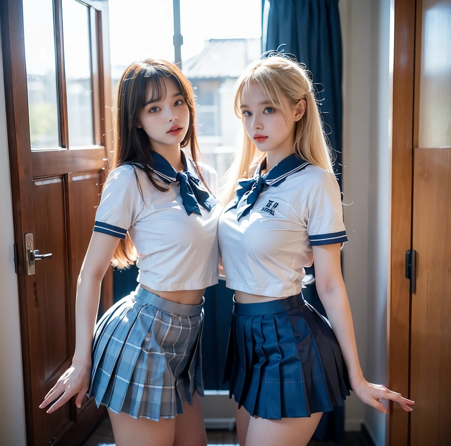 (best quality), highres fashion Photoshoot, ((sfw)), Sailor Moon, Usagi, Pretty Beautiful Mixed Japanese Blonde Teenage Girl, Long Blonde Twintails, Flawless Skin, Sailor Moon Costume, blue medium skirt, 90s Japanese City, (Full Shot:1.5), (front view:1.5), combining realism and beautiful anime influence, (full body), (fully cloth), (standing pose),