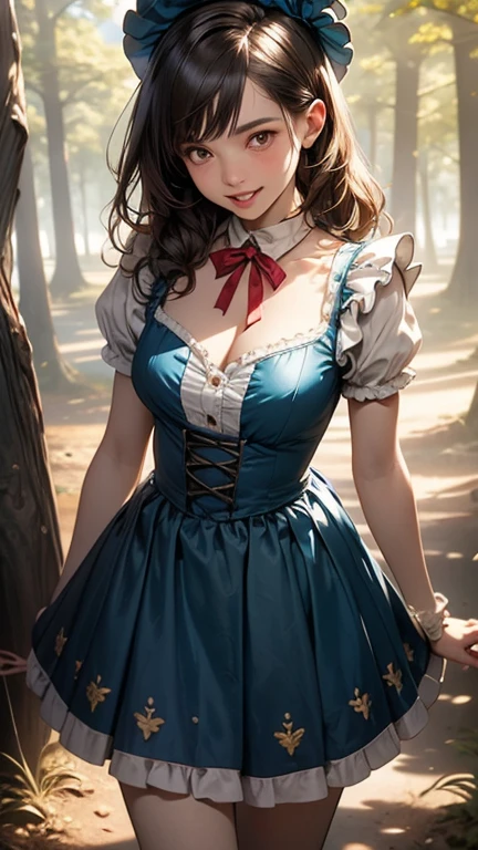 (autumn),cute young_woman laughs, freckles, grey eyes, chestnut layered hair, cleavage, looking to camera, solo, half shot, detailed background, witch hat, witch, magical atmosphere, hair flowing in the wind, (blue trimmed light colored sexy clothes),show panty,stripe stockings, whirl wind of swirling magic spell in the air, dark magic, (style-swirlmagic:0.8), floating particles, RAW photo, full sharp, (FullHD epic wallpaper) 8k uhd, dslr, soft lighting, high quality, film grain, Fujifilm XT3