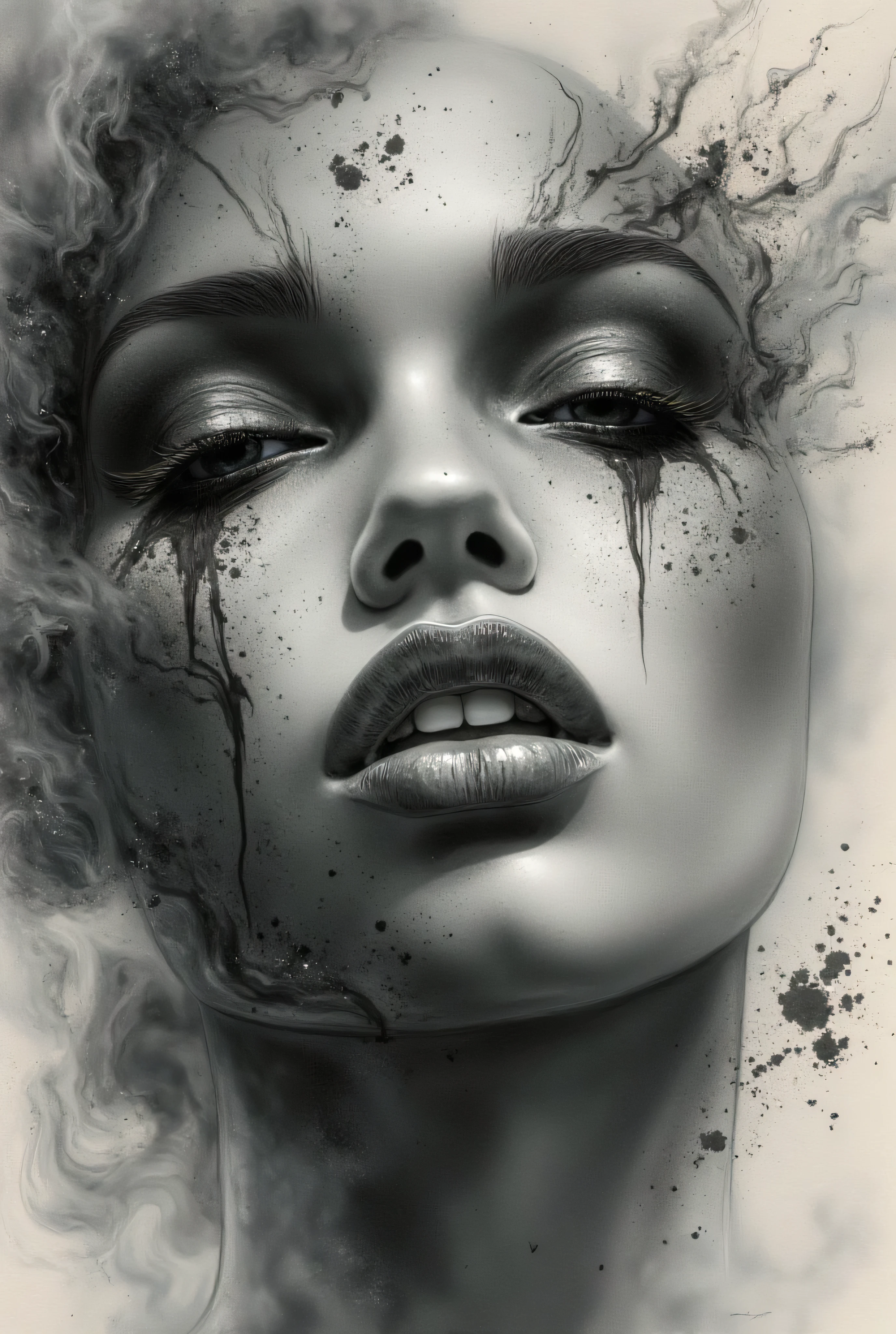 photorealistic, hyper detailed female face of smoke and black, white, and gray color. Added in a style reference, a composition reference, Hyper realistic, splash images, splattering, Fauvism, Geometric, Marble. 