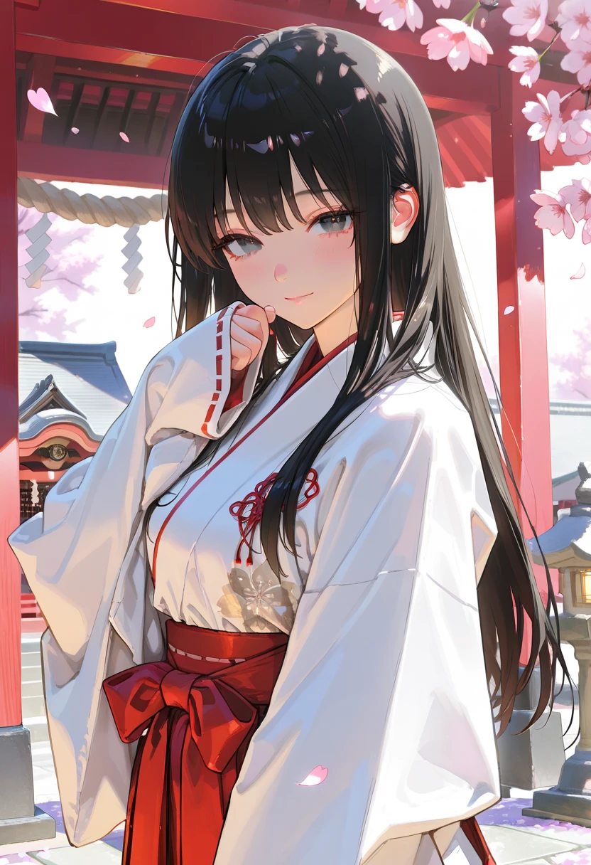 girl,Tears mole,pink nails,white skin,Ruby Earrings,peacefulness,Image of Japanese culture(naginata), with long black hair,teacher's girl,hairpin,Tips are highlighted in white, black eye,white giant eyes,With tears in my eyes, The well-dressed lady in the deep window, Conservative classical Japanese martial arts gi,A refreshing smile,tilt your head and laugh,beautiful skin on the neck, Scattered debris. Red silk that is gentle on the body,black and white hakama,ring pattern,Rin々new expression,petals fall,Creates mottled shadows, Her hair flutters in the breeze, A refreshing expression on her face(highest quality,4K,8K,High resolution,masterpiece:1.2), super detailed, (realistic,realistic,realistic:1.37), HDR, hyper hd, studio lighting, Ultra-fine painting, sharp focus, Physically based rendering, extreme details, temple background,
