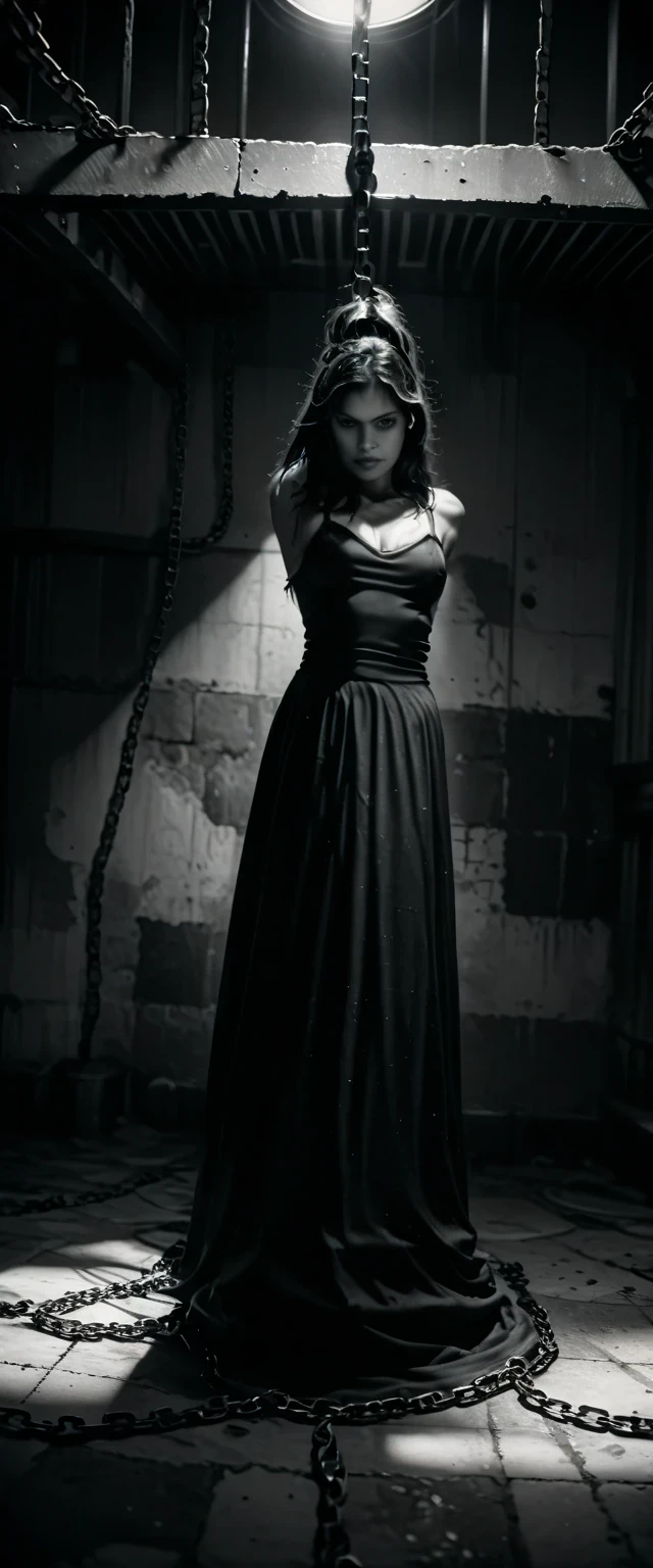 sfw:2.stop.(masterpiece, best_quality:1.2), 1girl, solo, black and white photo of girl in chains, moody lighting, intricate details, dark and gritty atmosphere, high contrast, dramatic shadows, realistic rendering, professional studio lighting, cinematic composition, ultra-detailed texture, sharp focus, physically-based rendering, refined facial features, intense expression, vulnerable pose, anatomically correct,hopeless demeanor, cold metal chains, rusted iron, industrial setting, abandoned warehouse, concrete floor, dramatic chiaroscuro, muted color palette, high-key lighting.stop.sfw:2
