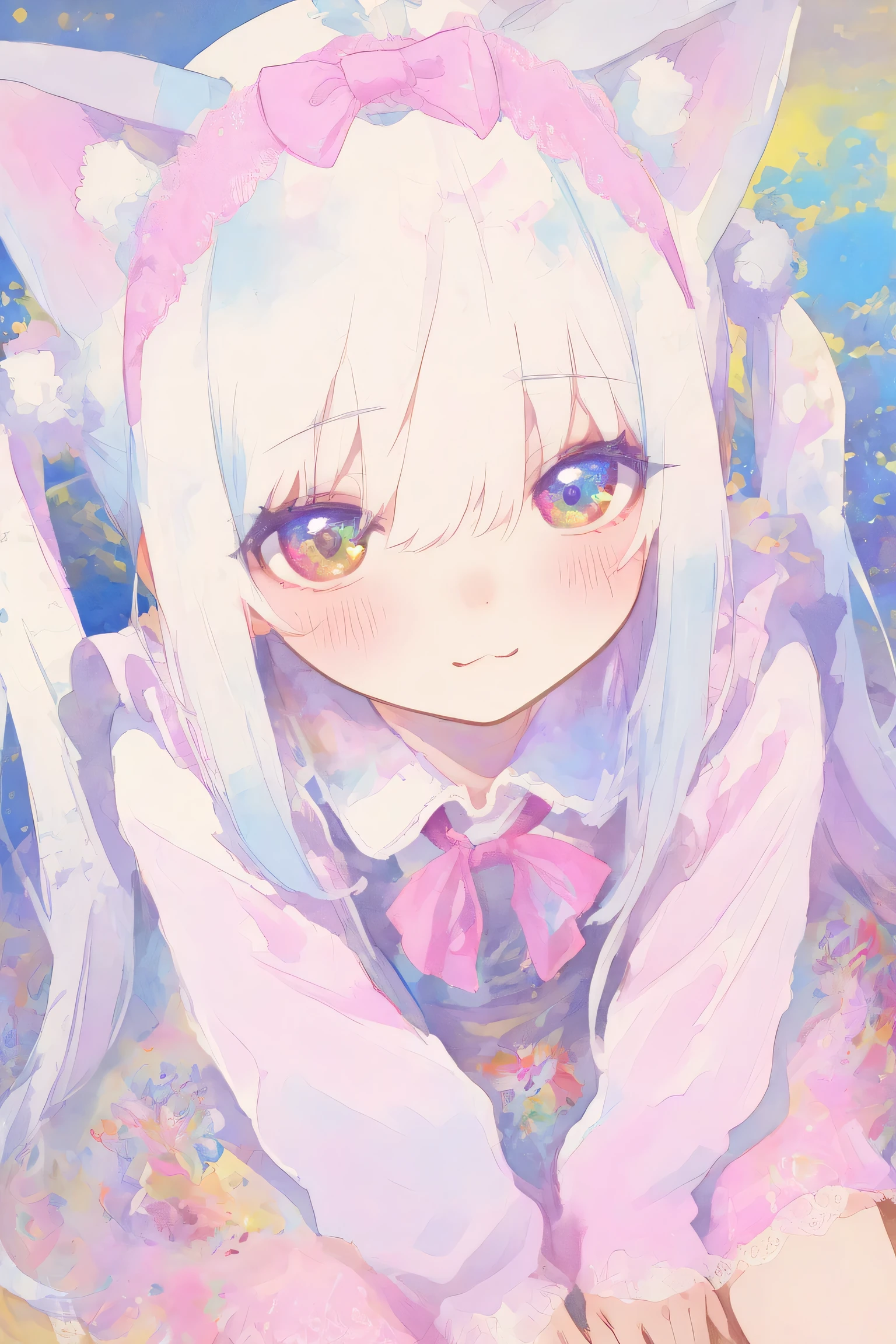 Chibi: 1.2, cute: 1.2, cute eyes: 1.2, gentle: 1.2. Happy, ((Masterpiece, Detailed: 1.2)) (Highest Quality), (Masterpiece: 1.2), (Colorful: 0.9), (Color Scattering), (Watercolor), Ink Drawing, Sharp Focus, High Resolution, (Anime Style: 1.1), ((Highest Quality)), (Super Detailed), (Beautiful), Alone, Wearing Pink Bow Dress, Twin Ponytails, Cat Ears, White Hair, Cute, Pink Lace Headband on Head, Masterpiece, Best Image quality, highest quality, Alice in Wonderland のコスチューム, colorful long いブロンドのhair, colorful eyes, close-up face, top-down perspective, (: 1.4) sitting