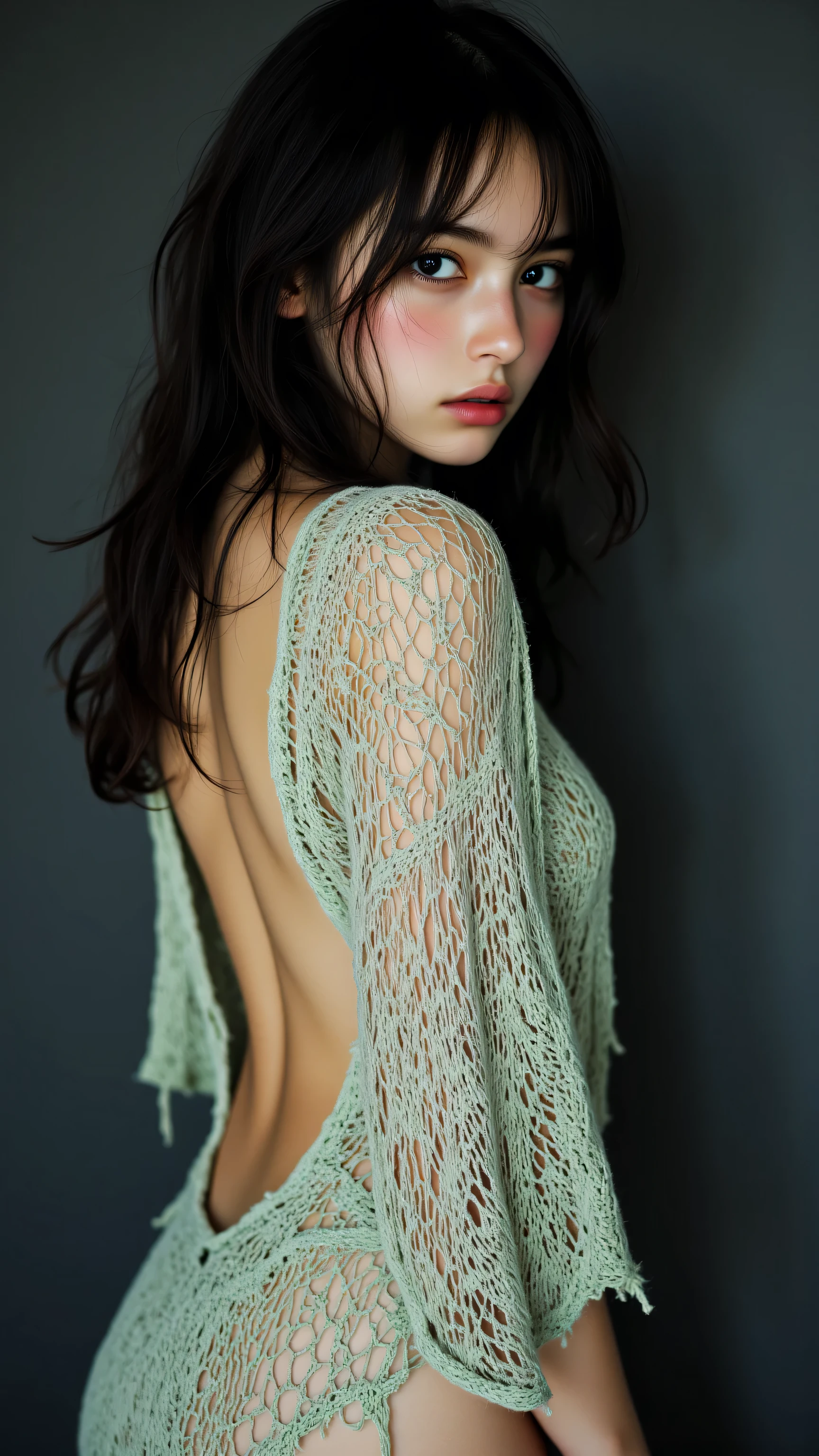 8k, Masterpiece, Top Quality, Close-up, low-angle, long dark hair, serious expression, pale green, distressed knit, mini dress, low back, cutouts, fraying, form-fitting, dark gray wall, contrasting lighting, centered subject.