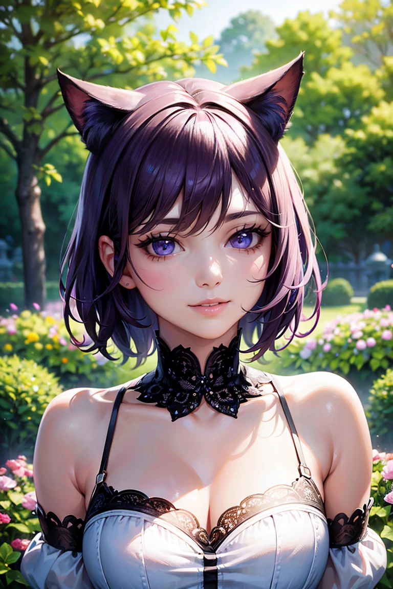 Only one woman , There's an adult woman in a park, 35 years old, Bending foward, Blowing a kiss, Spring Dress, cat ears,, Dark purple hair, black hair and purple streaks, cat ears on head, beautiful chest, Second life avatar, Beautifullscreenshot, Second life,, face view, Front view, seductive woman, high quality, Very detailed skin