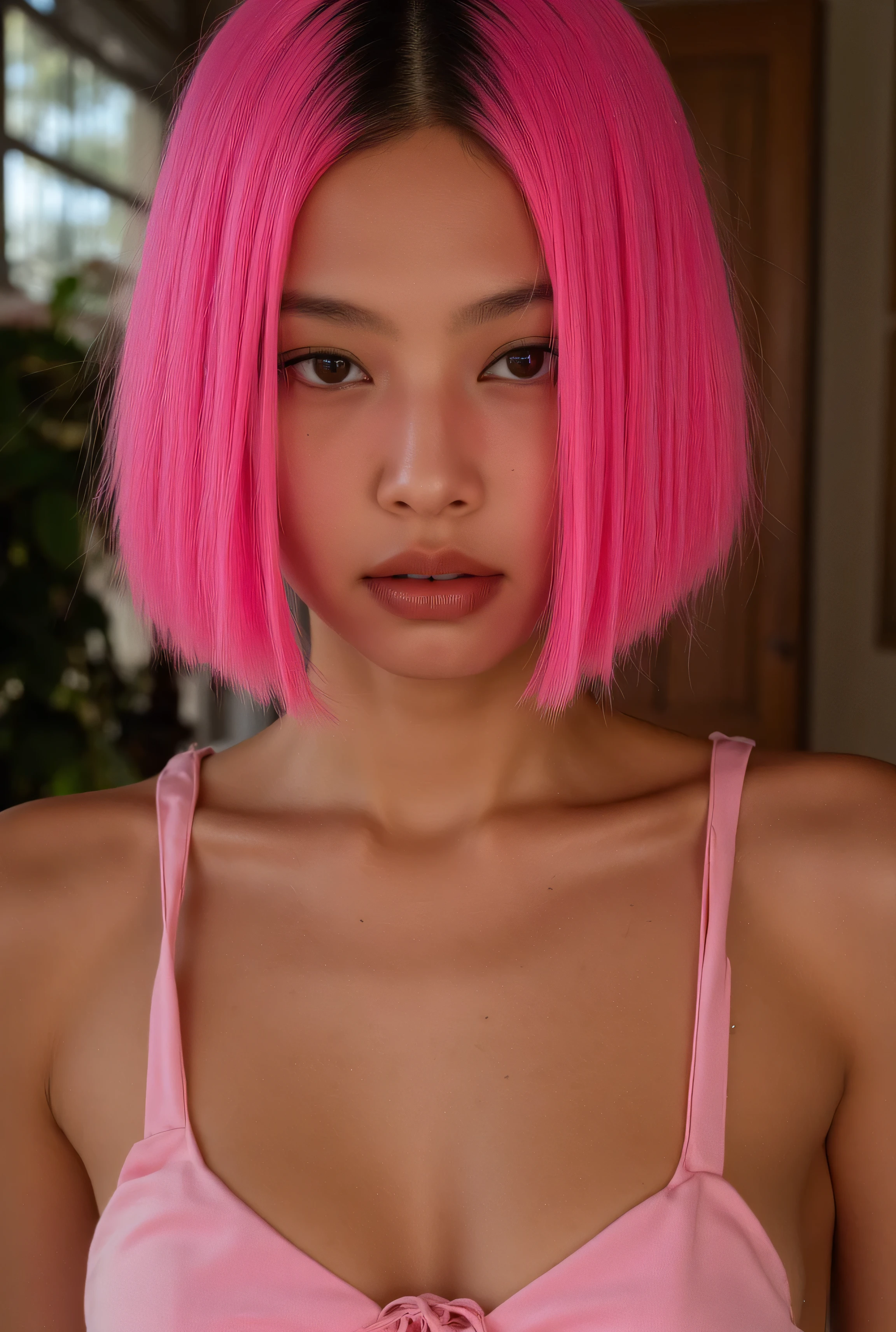 (1 girl,french bob pink haircut, ,,, swimsuit, oily skin, blush,wet skin