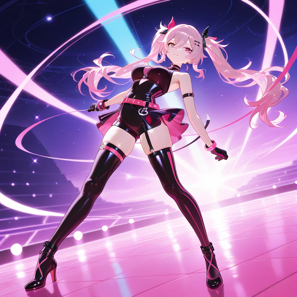 Create a full-body illustration of a seductive blonde anime girl in a dynamic pose. She should be wearing tight, futuristic clothes that highlight her curves, featuring high-tech fabrics and accessories. Use vibrant neon colors for the outfit and background to create a lively and energetic atmosphere. The background should include a cyberpunk cityscape with neon lights. Ensure the image is in a resolution suitable for an iPhone wallpaper, capturing the futuristic and dynamic theme effectively