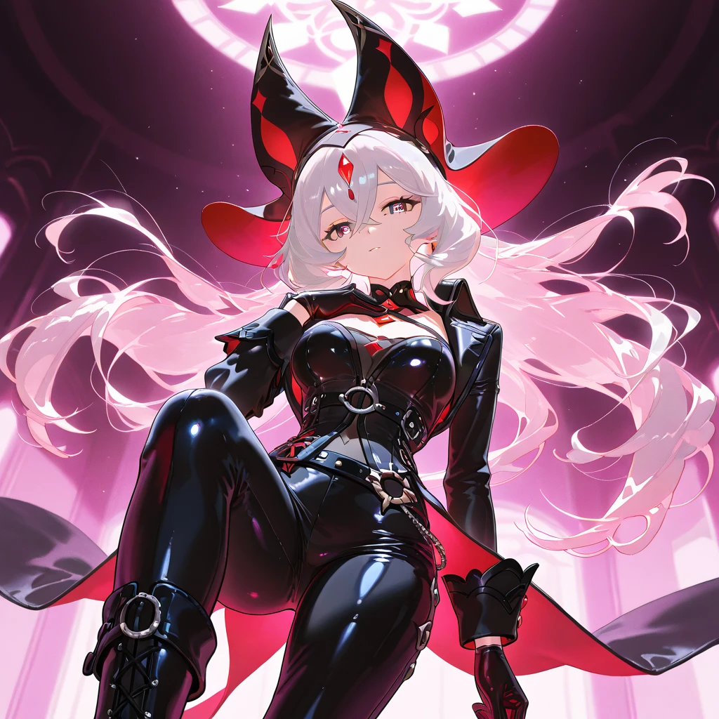 masterpiece,1girl, from below, disgust, shaded_face, yandere, empty eyes, shadow_over_eyes, glaring, looking down at the viewer, long white hair, glowing red eyes,magical girl outfit, cameltoe, wet, black background , leotard, :p, pink pubic tattoo, corruption <lora:yanderev2:0.8>