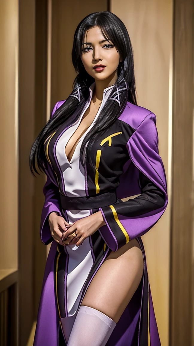 (masterpiece), best quality, expressive eyes, perfect face, solo woman, dance posing, cold eyes, smile warm, fasalina, long purple dress, purple robe thin, front double braids, full dress, milf, Fasalina, slim body woman, long black hair, tall body, blend yellow eye, yellow eyes, She wears a purple uniform consisting of a low-cut long sleeved robes, white thigh high boots, full body, She also wears a dark purple cloak, tight dress, married, Fasalina, purple dress, side Slit, cleavage, thighs, thighs high, Kneehighs, boots, busty