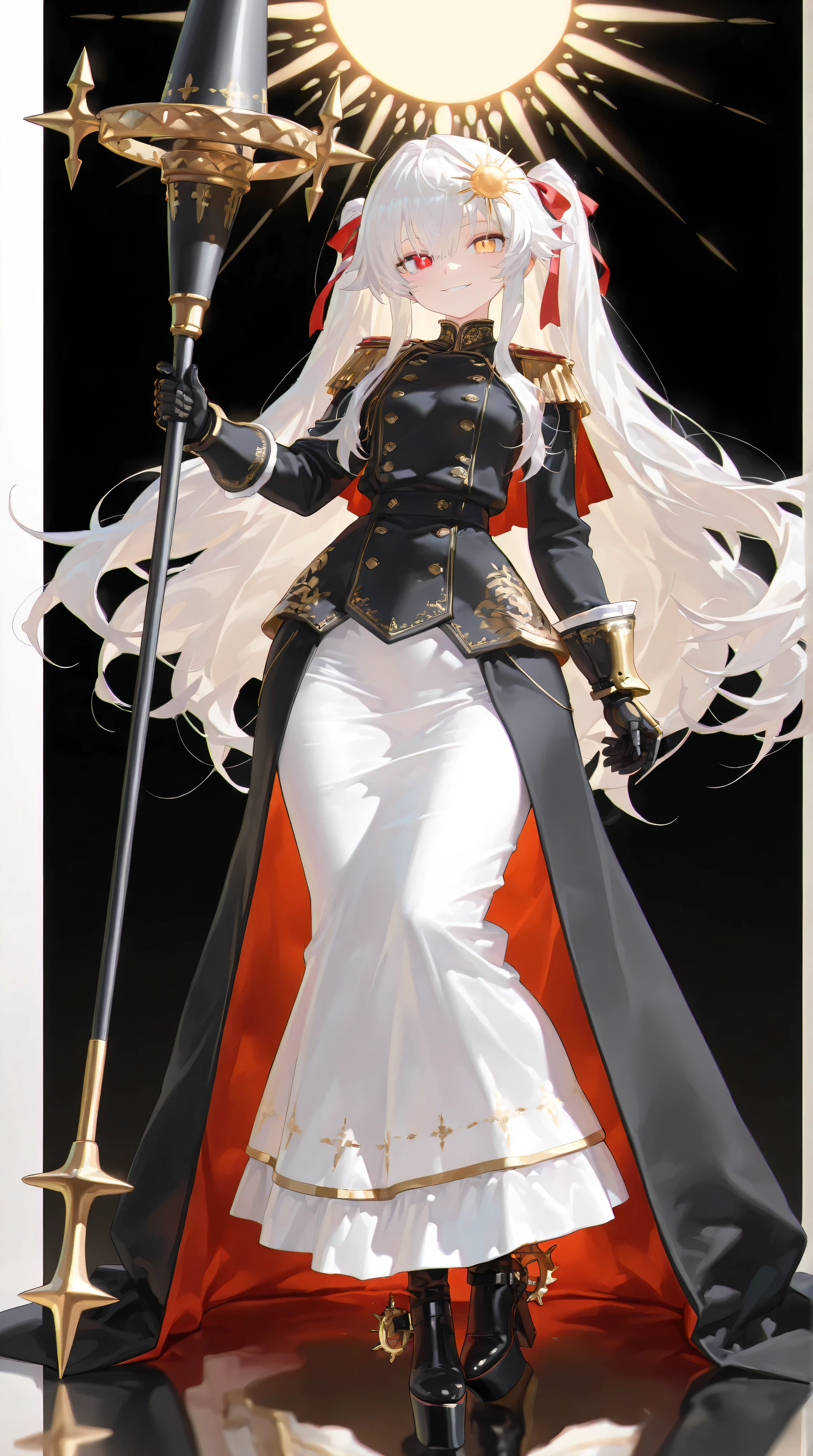 (masterpiece, Best Quality: 1.2), Ultra Detailed, HDR-10, (Soft Colors), (beautiful eyes, detailed eyes:1.2),1girl, black_coat, black_footwear, red eyes, yellow eyes, buttons, coat, coat_dress, dress, epaulettes, gauntlets, gold_trim, hair_ribbon, high_collar, highres, holding_lance, sun_head_(ornament), long_hair, long_sleeves, looking_at_viewer, looking_to_the_side, platform_footwear, platform_heels, red_eyes, red_ribbon, ribbon, sidelocks, solo, spurs, two-tone_eyes, very_long_hair, white_hair, sun, black background, wide hips, medium chest, Long skirt, Imperial, smile, face focus