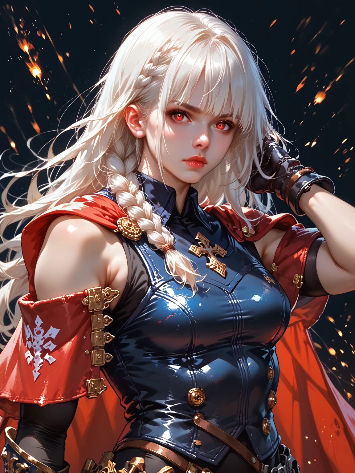 Elbow, background, white hair, red lips, red eyes.