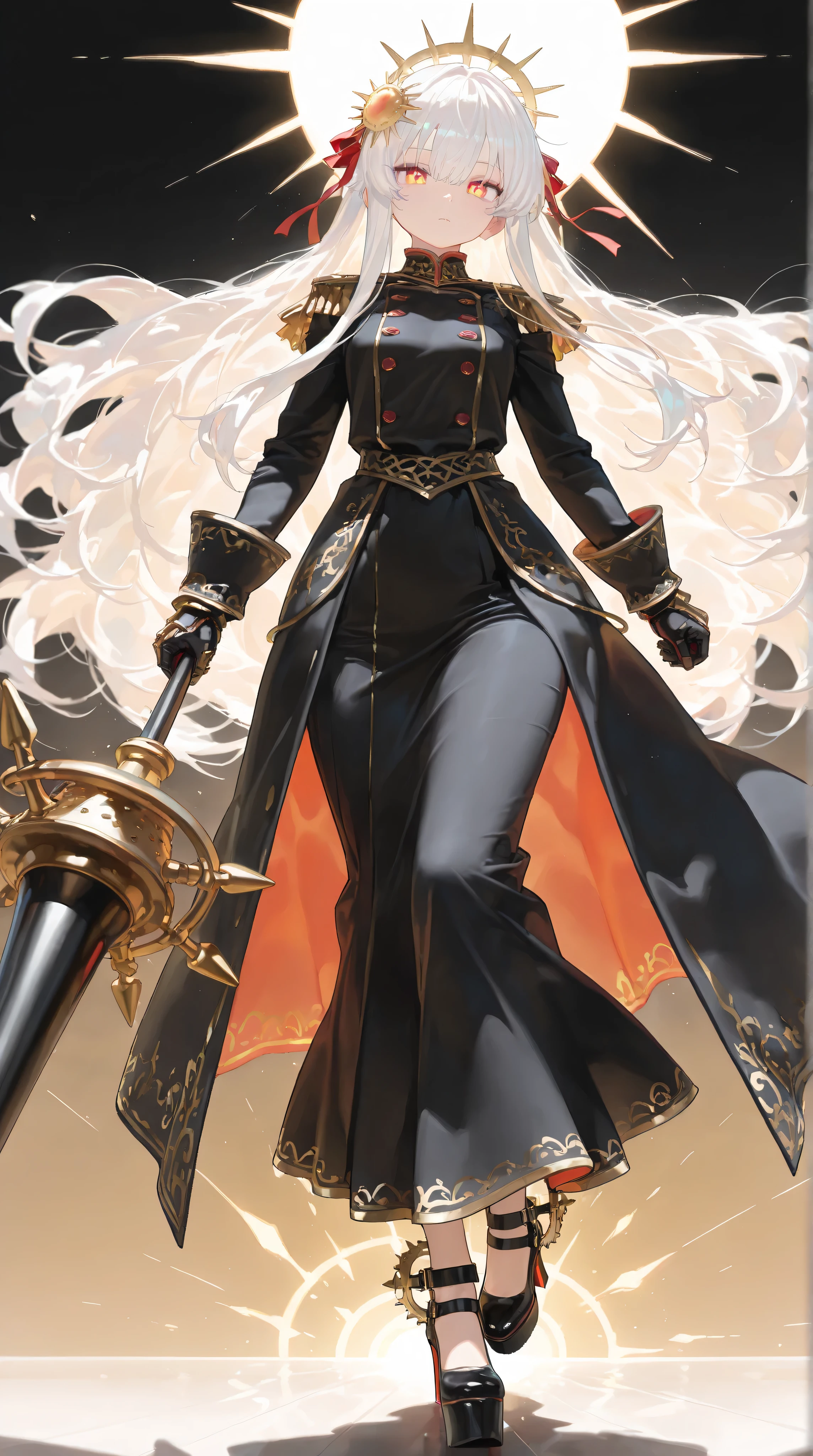 (masterpiece, Best Quality: 1.2), Ultra Detailed, HDR-10, (Soft Colors), (beautiful eyes, detailed eyes:1.2),1girl, black_coat, black_footwear, red eyes, yellow eyes, buttons, coat, coat_dress, dress, epaulettes, gauntlets, gold_trim, hair_ribbon, high_collar, highres, holding_lance, sun_head_(ornament), long_hair, long_sleeves, looking_at_viewer, looking_to_the_side, platform_footwear, platform_heels, red_eyes, red_ribbon, ribbon, sidelocks, solo, spurs, two-tone_eyes, very_long_hair, white_hair, sun, black background, wide hips, medium chest, Long skirt, Imperial