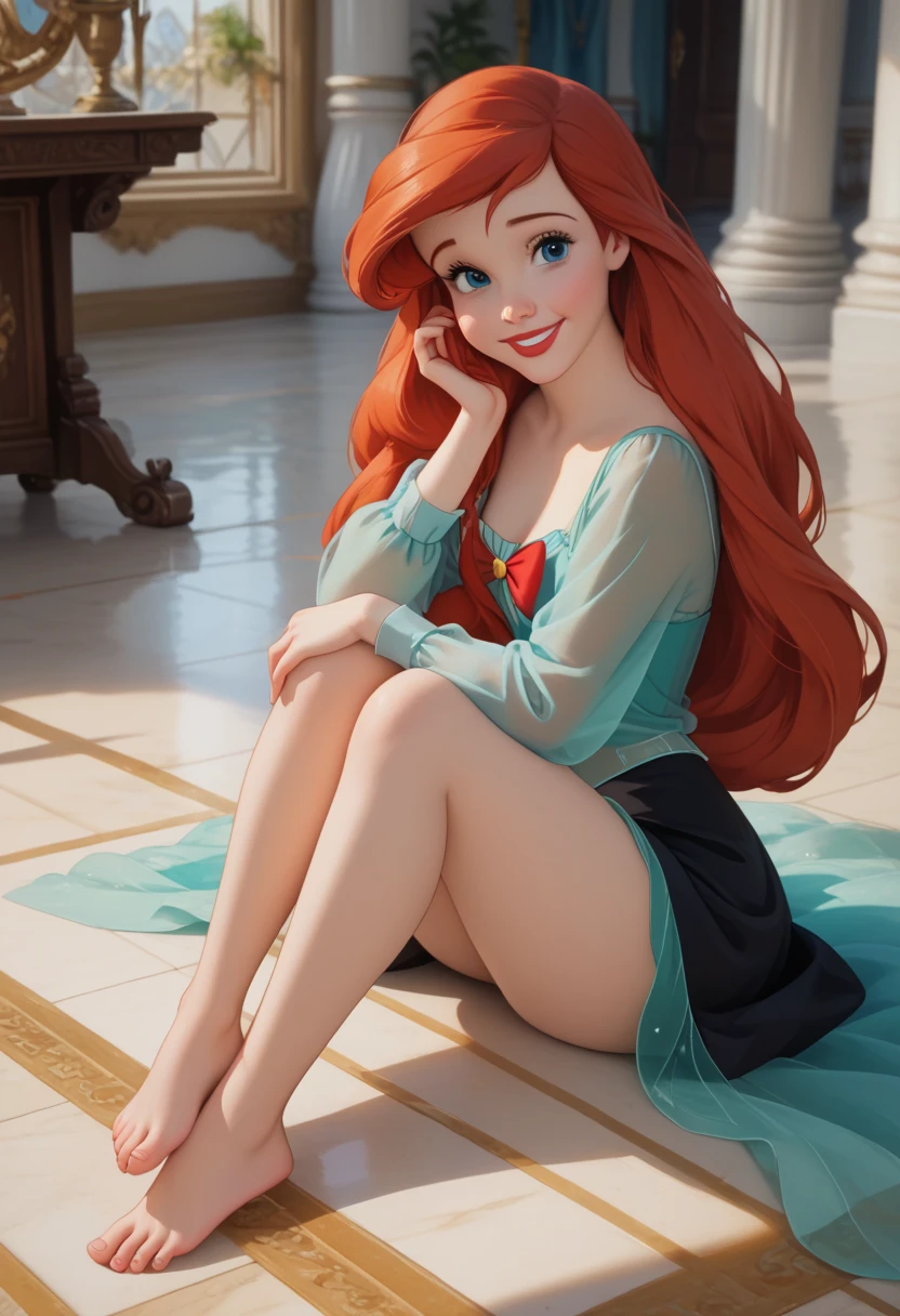 score_9, score_8_up, score_7_up, score_6_up, ArielWaifu, medium breasts, narrow waist, wide hips, thick thighs, blue eyes, pink dress, tiara, red long hair, disney style, looking at viewer, cute, detailed landscape, cartoon, 4k, masterpiece, leaning forward, 5 toes, red toes nails, tied ankles together, tied arms, Focus full body, sit on a chair, with no shoes,