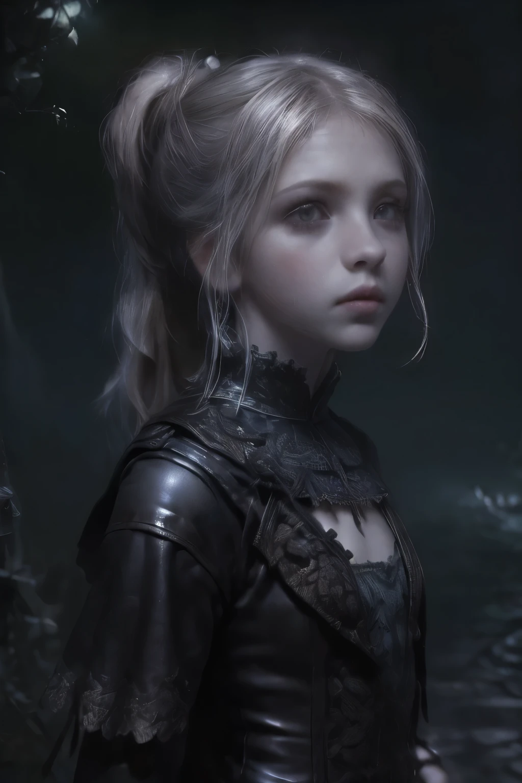 ((best quality)), ((masterpiece)), (detailed), score_9, score_8_up, score_7_up, score_6_up, (1girls), a female occultic knight, witch, knight, wielding a rapier-like sword, perfect face (((mastepiece, of the highest quality, super detailed))), photorealistic, Dark fantasy art, dark fantasy, ((gothic art)), ((Bloodborne inspired)), (Victorian era inspired), (Brotherhood Of The Wolf inspired), (typical witches hat sharing design features of a hunter's cap), (leather trousers with buckles and belts), (occultic vibe), (cosmic horror vibe), (occultic military uniform), (military witch), ((intricate and beautiful cloth and leather clothing)), ((complex buckled leather boots)), (regal and elegant, a person of great social importance), ((mature, foreboding atmosphere)), ((dark and gloomy)), ((((Highly detailed face)))), small thin nose, Small thin lips mouth, (((Very sharp focused eyes))), ((perfect symmetrical beautiful eyes)). looking here, (resolved expression), (resolute expression), (sad face), beautiful (((very small breasts))), (((little boobs))), (((tiny breasts))), (((flat chest:0.1))), (((very tiny boobs))), (((very flat chested))), ((brunette)) hair, ((long ponytail, thick ponytail, heavy ponytail)), very long eyelashes, soft lighting