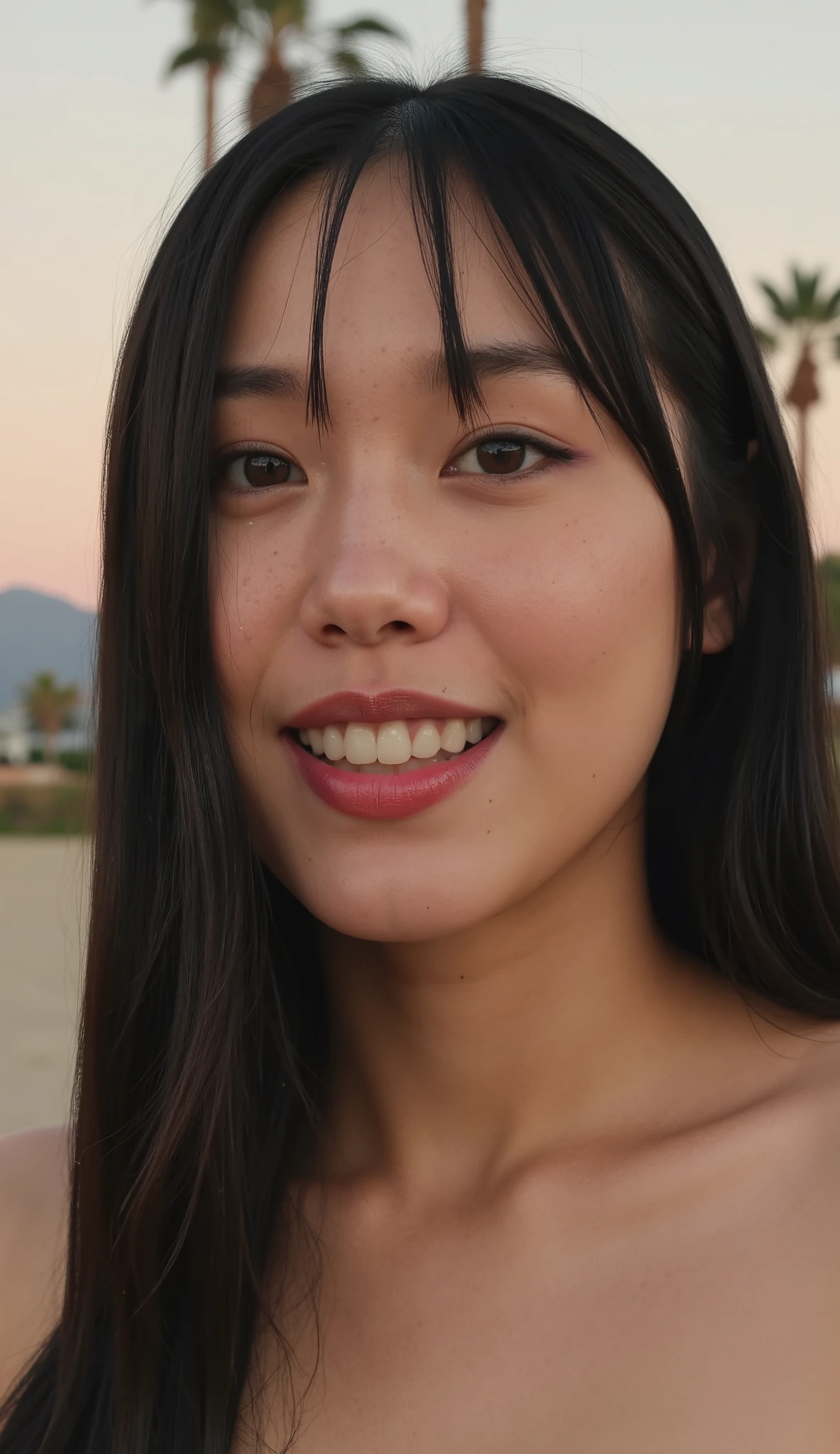 Ultra-detailed, hyper-realistic Korean idol skin, smooth and flawless texture, soft natural glow, subtle pores, delicate highlights and shadows, slight pink undertone, even complexion, perfect shading, ultra-high resolution, fine details in skin texture, high-definition rendering, realistic light reflections, gentle translucency, cinematic lighting, soft ambient occlusion, natural subsurface scattering, ultra-sharp details, no imperfections, no rough textures, no unnatural reflections, no plastic-like effect.
(vivid smile:2.5), (natural lip curvature:2.2), (subtle cheek lift:2.3), (laughing eyes:2.3), (dimpled cheeks:2.0), (realistic shading on lips and cheeks:2.2), (ultra-detailed skin texture:2.3), (soft skin highlights:2.0), (moist lips reflection:2.1), (wrinkles near eyes when smiling:2.4), (warm and inviting smile:2.5), (playful smirk with slight head tilt:2.2), (subtle blush on cheeks:2.1)
, 1 yung , fotografia tirada por alguem com distancia, foto tirada por uma Canon A490 (A495) , sutiã branco apertado, umbigo, ombros, Korean, smile1.0, thin , squashed eyes, big eyes, fringe separated on the right side , youthful appearance , black hair , details eyes , sol iluminação sol, Iris , smile, round face, youthful appearance , sitting on the edge of the , vintage aesthetic , cute face, full lips, long hair, volumoSo hair, luz media , luz Environment, por do sol , sol reflexo no Environment, looking for , sentada na areia, praia, palmeiras ao redor