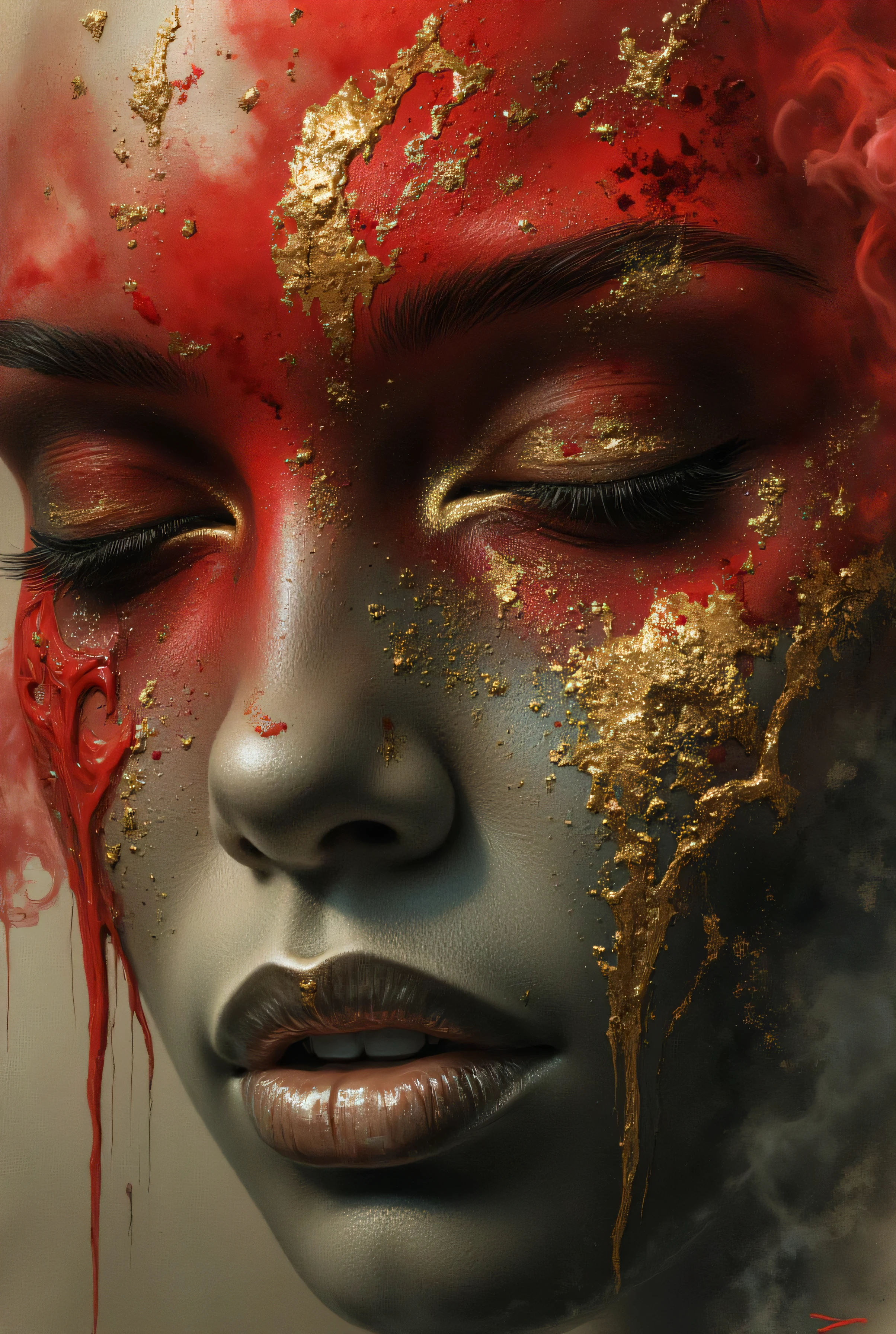 photorealistic, hyper detailed female face of smoke and black, red, and gold color. Added in a style reference, a composition reference, Hyper realistic, splash images, splattering, Fauvism, Geometric, Marble.
