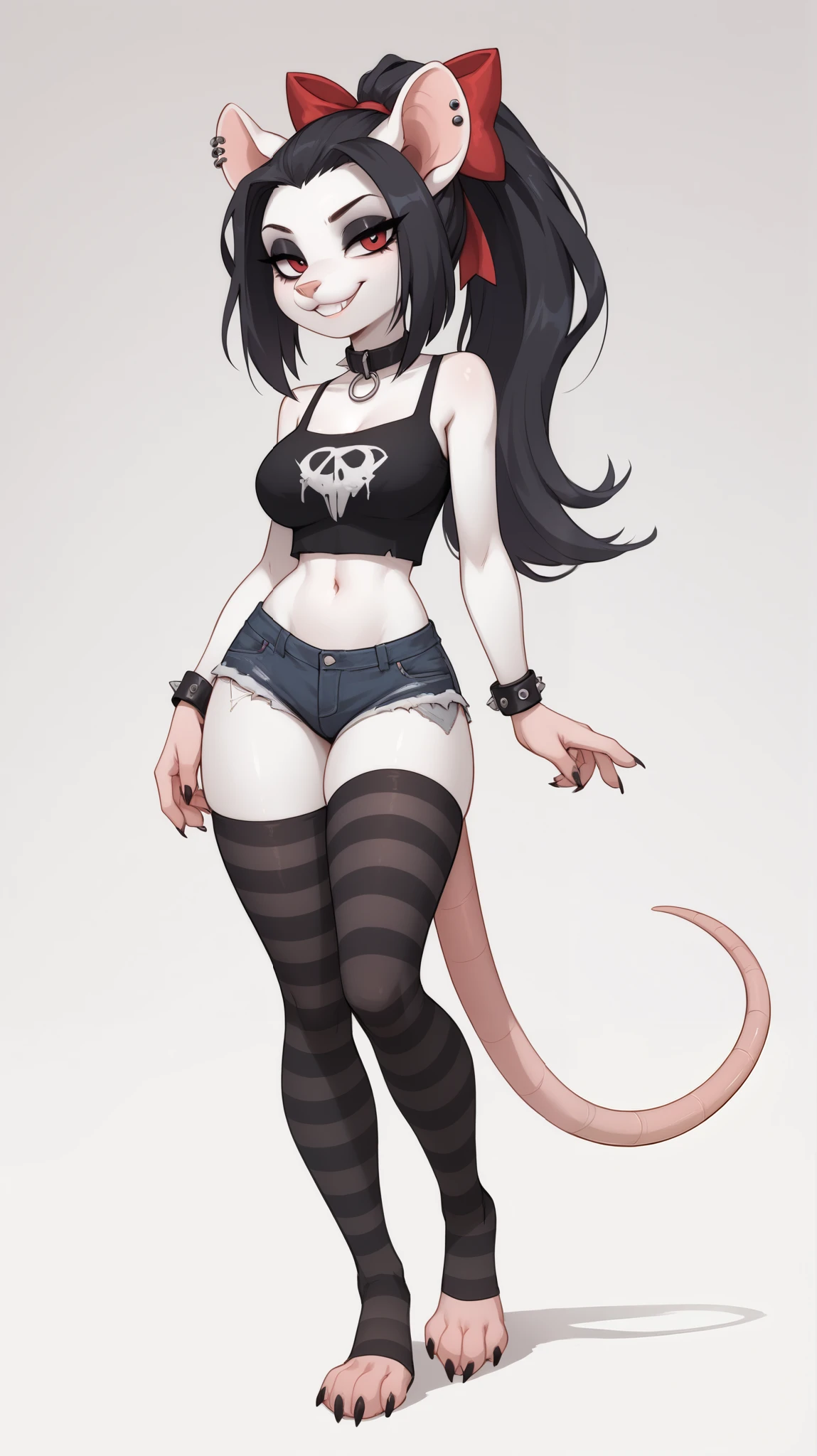 anthro rat, one female, alone, goth, simple shading, attractive, straight spine, playful face, smug smile, long hair, ponytail, detailed hair, ultra high quality detail, curvy, ragged black jean shorts, stripped thighhighs with straps, crop top, bracelets, collar, red bow in hair, full body, gradient background