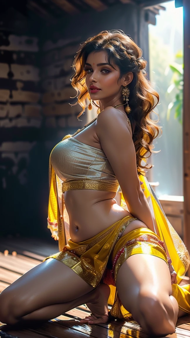 (((desi girl))), a woman in a sari posing for a picture, indian goddess, traditional beauty, indian, beautiful goddess, ornate cosplay, indian style, indian super model, beautiful maiden, gorgeous woman, south east asian with long, provocative indian, gorgeous beautiful woman, intricate outfit, hindu aesthetic, beautiful asian girl, extremely detailed goddess shot, jaw-dropping beauty, big boobs deep cleavage sexy navel, mountains, river, outdoor