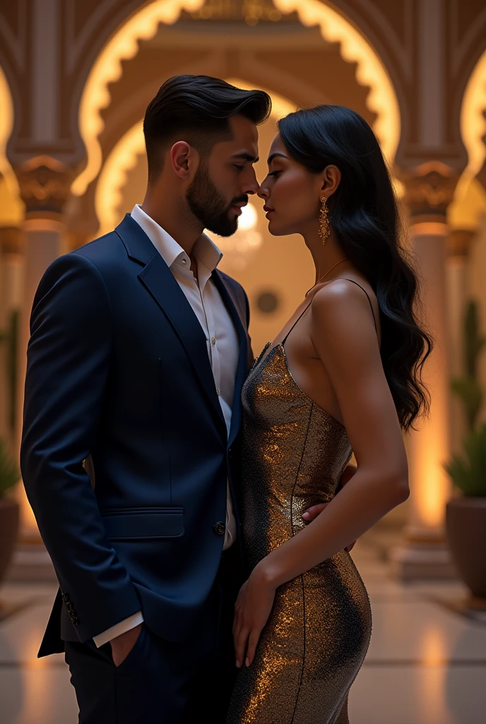 wearing one piece, in a cafe, closeup shot, full body, (high detailed skin:1.2),extremely detailed, 22 year old woman, 8k, with a man, High Detail, Sharp focus, modelshot, standing, black hair, indian woman, Wavy Cut with Curtain Bangs hairstyle, man standing beside her