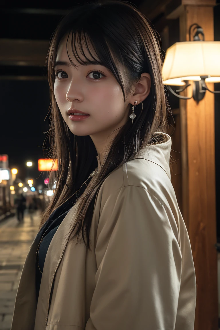 (Highest quality:1.4),(masterpiece:1.4),( realistic:1.4),(realistic:1.2),(超High Resolution, RAW photos :1.4),(High Resolution, super detailed:1.2),(8k:1.2),((upper body:1.3)),viewers, cinematic pictures ,1 woman,Skeletally correct, dark-haired woman walking through a graveyard, female in her early 20s,(Small earrings,necklaces, spring coat without braids),(Western-style building interior, dim room in the background, The light of the lamp shines on your cheeks)