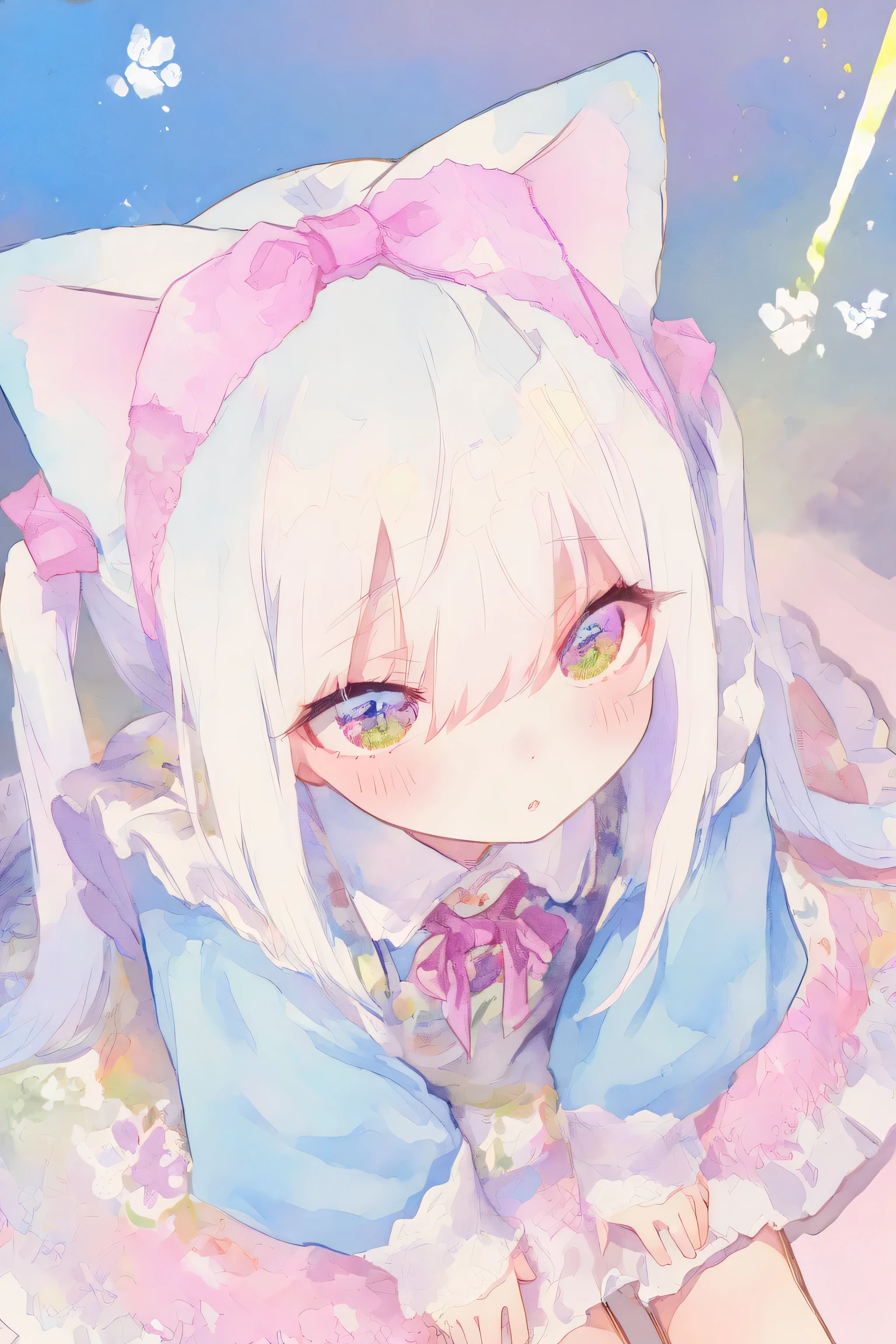 Chibi: 1.2, cute: 1.2, cute eyes: 1.2, gentle: 1.2. Happy, ((Masterpiece, Detailed: 1.2)) (Highest Quality), (Masterpiece: 1.2), (Colorful: 0.9), (Color Scattering), (Watercolor), Ink Drawing, Sharp Focus, High Resolution, (Anime Style: 1.1), ((Highest Quality)), (Super Detailed), (Beautiful), Alone, Wearing Pink Bow Dress, Twin Ponytails, Cat Ears, White Hair, Cute, Pink Lace Headband on Head, Masterpiece, Best Image quality, highest quality, Alice in Wonderland のコスチューム, colorful long いブロンドのhair, colorful eyes, close-up face, top-down perspective, (: 1.4) sitting