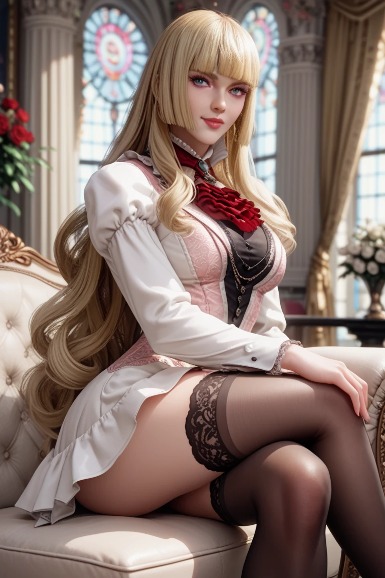 a beautiful 21 year old woman, luxurious dress, pantyhose, inside, laid back, detailed face, smiling, complex lighting, best quality, masterpiece