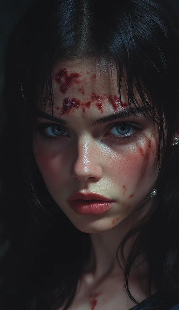 lara croft as vampire, beautiful detailed eyes, beautiful detailed lips, extremely detailed eyes and face, blood dripping from cheek onto neck and cleavage, sexy dangerous look, dark moody atmosphere, chiaroscuro lighting, dramatic shadows, gothic horror, cinematic composition, hyper realistic, 8k, photo-realistic, masterpiece