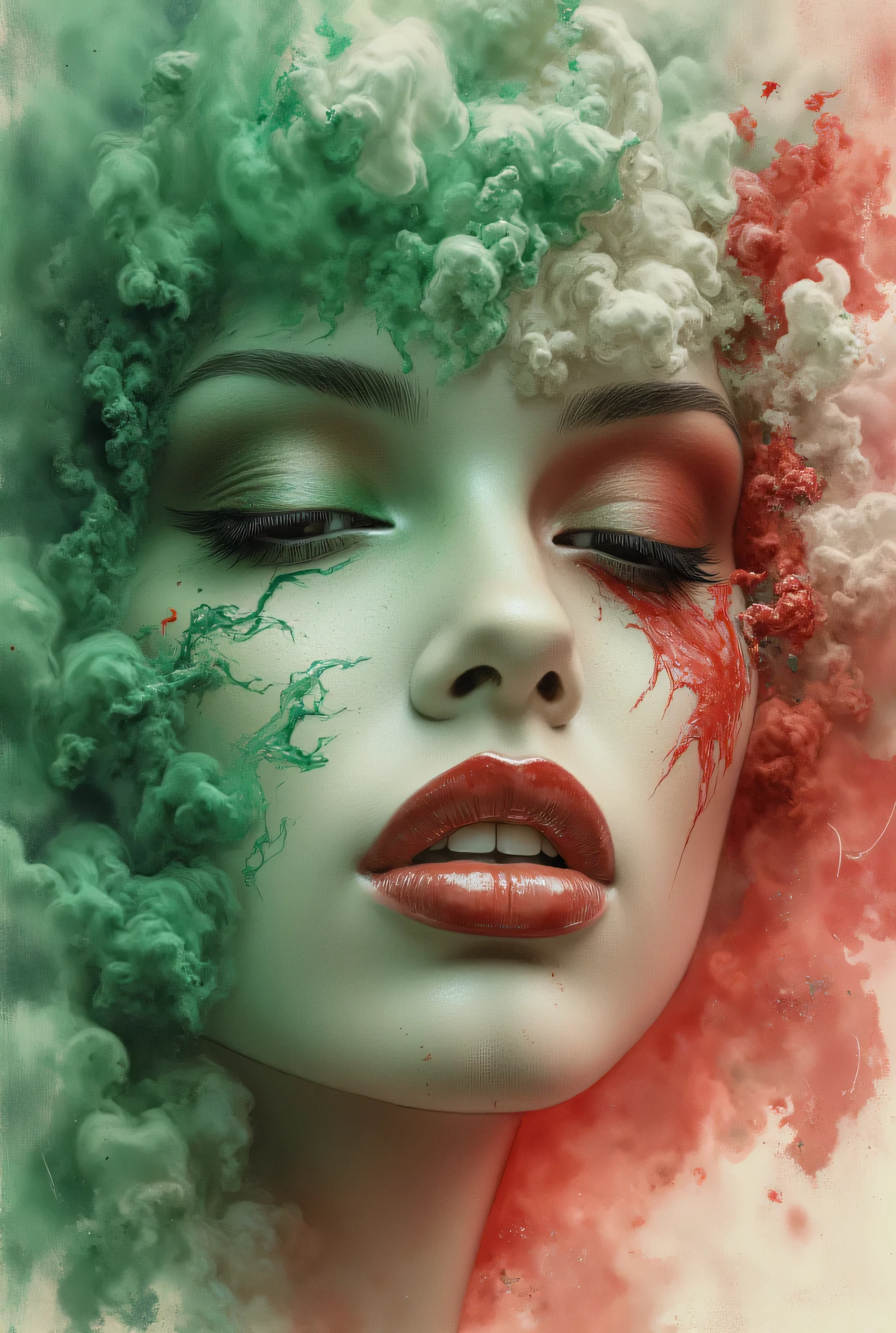 photorealistic, hyper detailed female face of smoke and green, white, and red color. Added in a style reference, a composition reference, Hyper realistic, splash images, splattering, Fauvism, Geometric, Marble. 