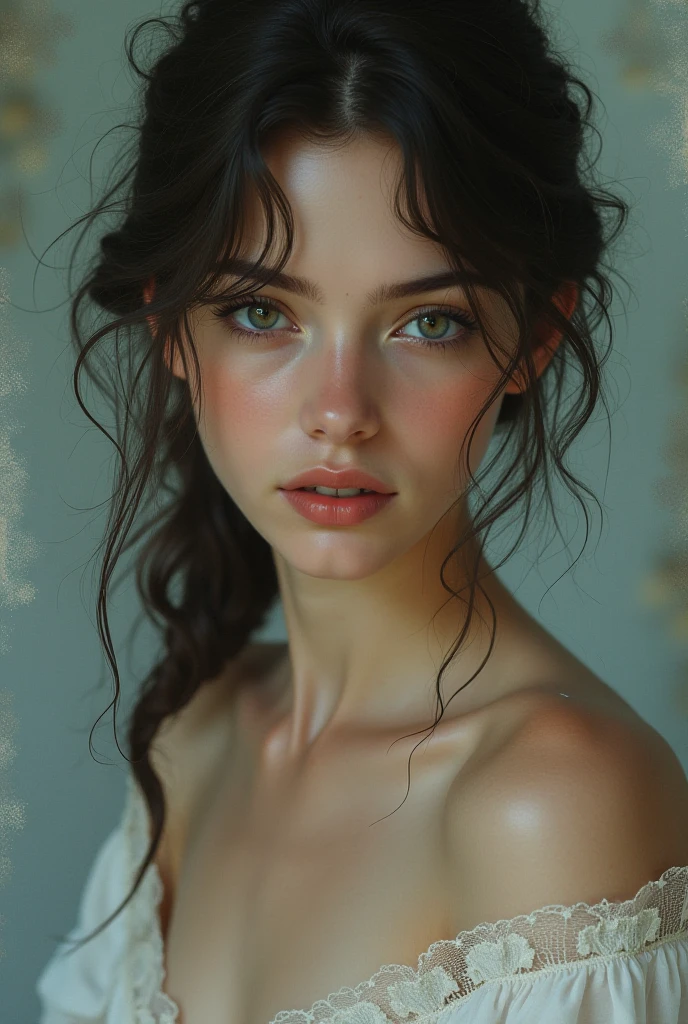 (((ultra realistic))) Photo, masterpiece, top quality, (pale skin), (Ultra detailed face and eyes:1.3), 1 girl, Adult, in a T-shirt, (Eye makeup, mascara) , ((large detailed lips)), ((ash wavy hair)), ((Chyolka)) , (Natural breasts), Slim waist. ((Posing)), photoshoot, studio (soft lighting), (The play of light and shadows), depth of field, bokeh, (special attention to skin detail: 1.2), Detailed leather texture, skin pores. (Airy atmosphere of the frame. Color range - delicate, Bright, white, Pink tones), UDR, ((Film grain)), ((rays)), ((glare of the sun)), ((waist up portrait, close to the camera)) , ultra detialed, perfect breast full nude