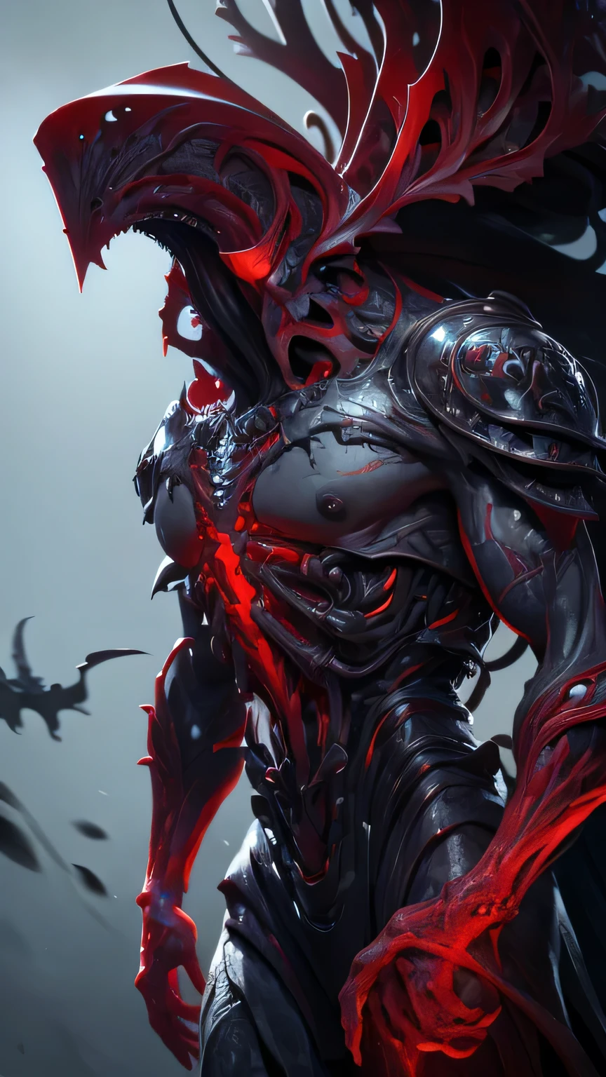 grey skin, humanoid monster, armor, biomecanical, Giant, zoom in, highly detailed, dark fantasy, cinematic lighting, moody atmosphere, dramatic pose, intricate mechanical details, glowing bionics, piercing red eyes, ominous presence, 8K, masterpiece, ultra-detailed, realistic, physically-based rendering, extreme detail, vivid colors, dark, gritty, brooding