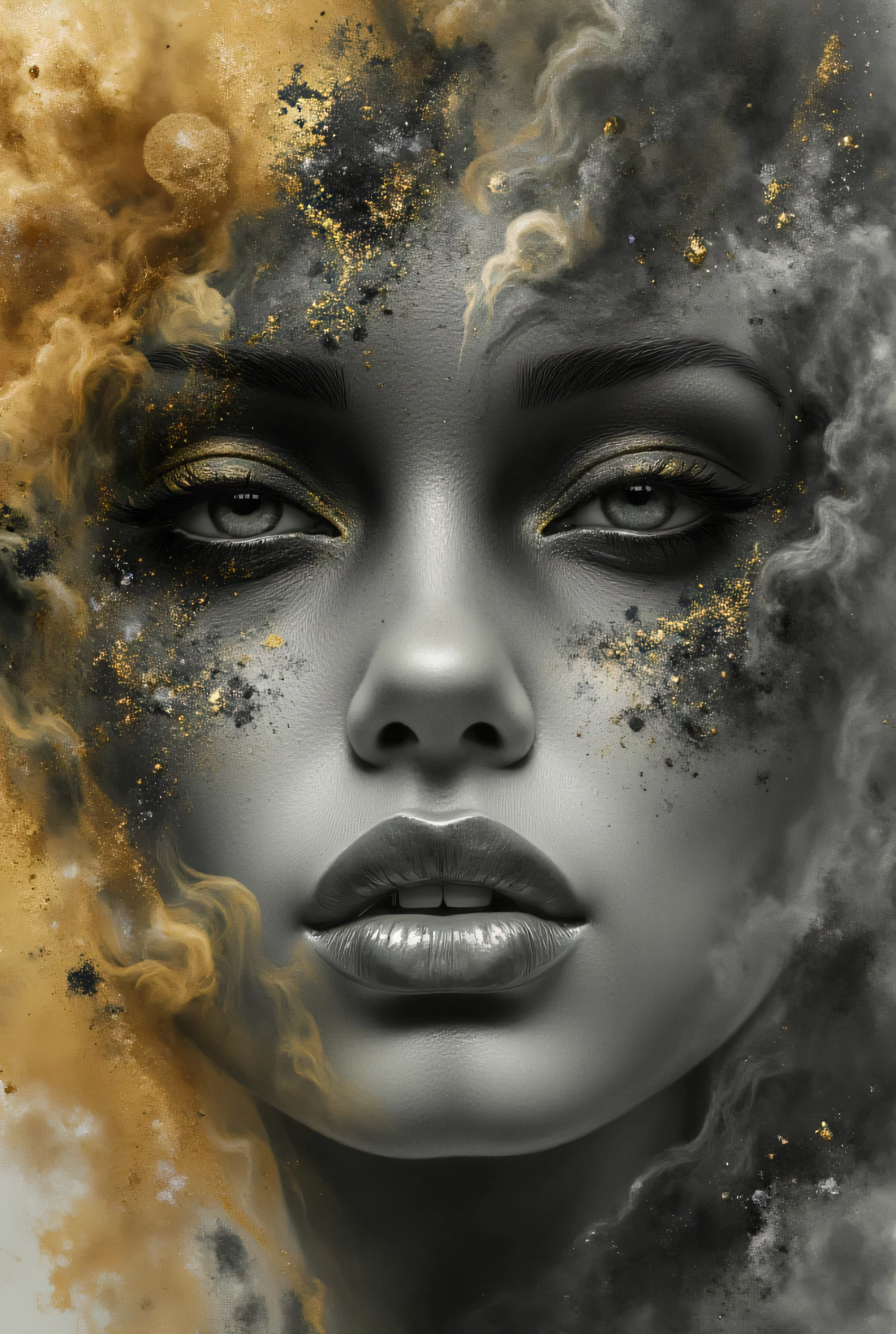 photorealistic, hyper detailed female face of smoke and black, gray, and gold color. Added in a style reference, a composition reference, Hyper realistic, splash images, splattering, Fauvism, Geometric, Marble.