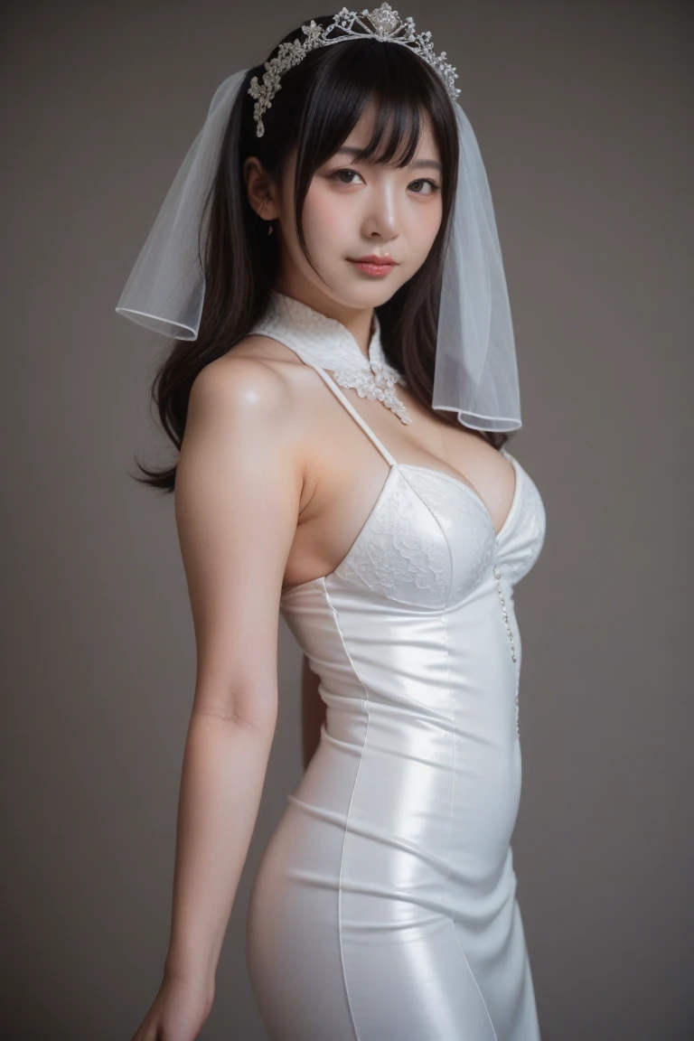 (((Wearing a wedding dress)))、Sitting with legs apart、(arms behind back)、 ((Best Quality, 8K, masterpiece :1.3)), Full body、sexy girl with perfect figure :1.4, Slender Abs :1.1, ((Huge breasts :1.0)),Ultra-detailed face and skin