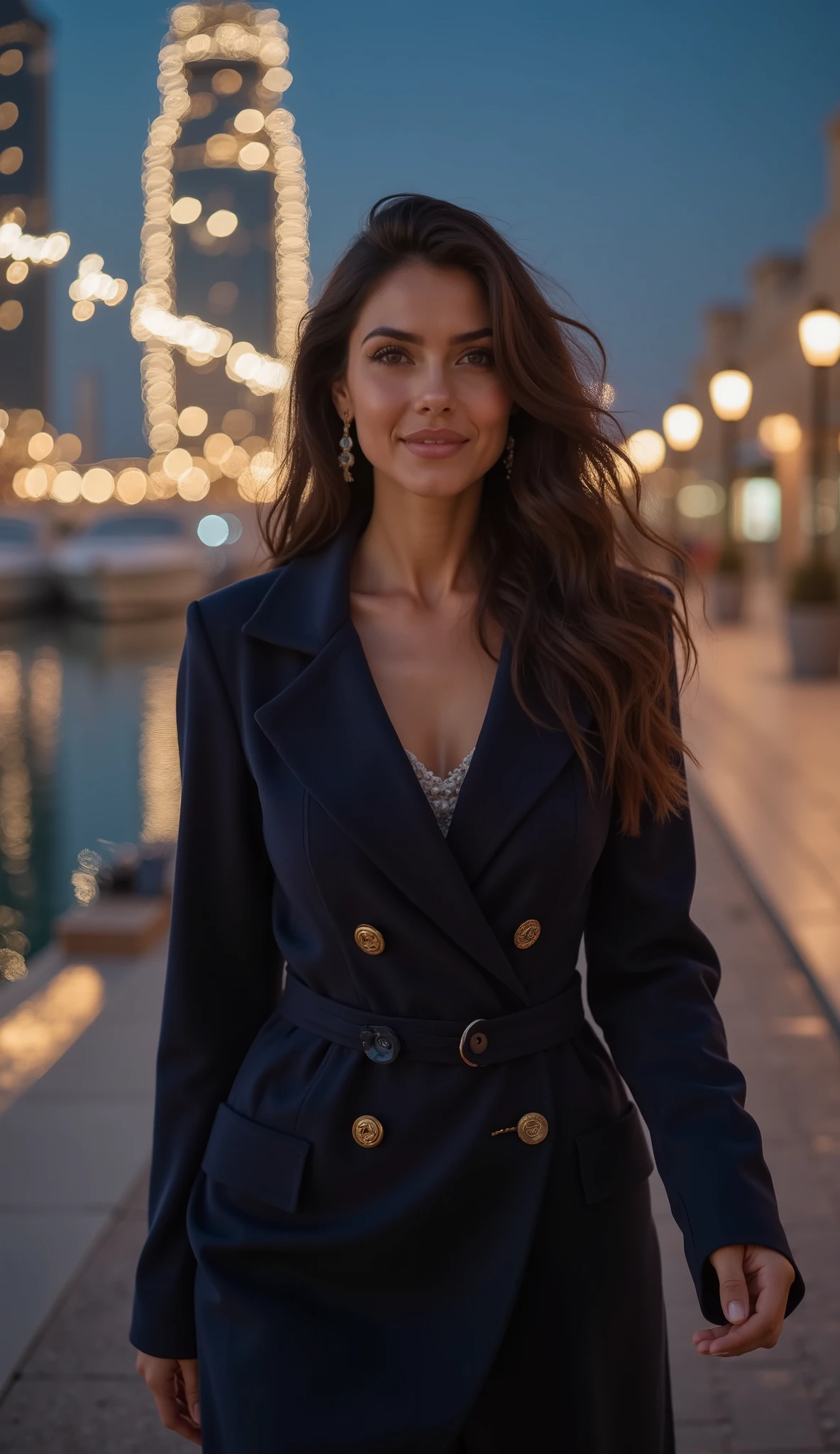 (masterpiece, ultra-detailed, cinematic, ultra-luxury night stroll at Dubai Marina, high resolution, ((A confident and effortlessly elegant female travel influencer, 23 to 28 years old, laughing softly, bright expressive eyes, long wavy dark brown hair reflecting the soft glow of the marina lights, wearing a modest, tailored navy-blue coat with a high neckline and gold buttons, her gaze exuding charm, intelligence, and quiet luxury)), walking along the waterfront, surrounded by luxury yachts and shimmering city lights, ((the marina’s reflections dancing on the water, soft ambient lighting, and the refined charm of Dubai’s elite lifestyle seamlessly blending with the vibrancy of the night)), ((beyond the promenade, the towering skyline creates a sense of cinematic beauty and prestige))).