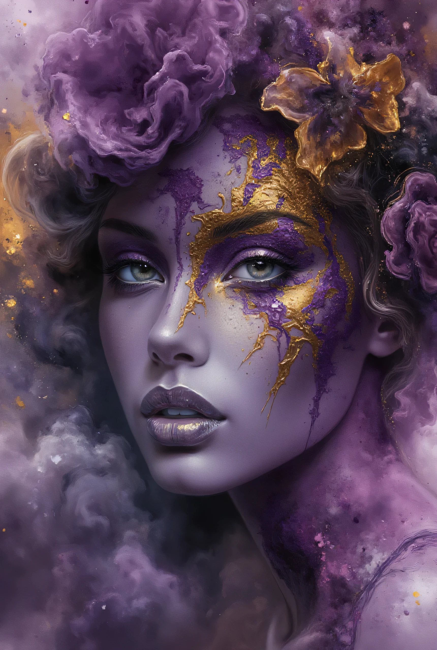 photorealistic, hyper detailed female face of smoke and black, purple, and gold color. Added in a style reference, a composition reference, Hyper realistic, splash images, splattering, Fauvism, Geometric, Marble.