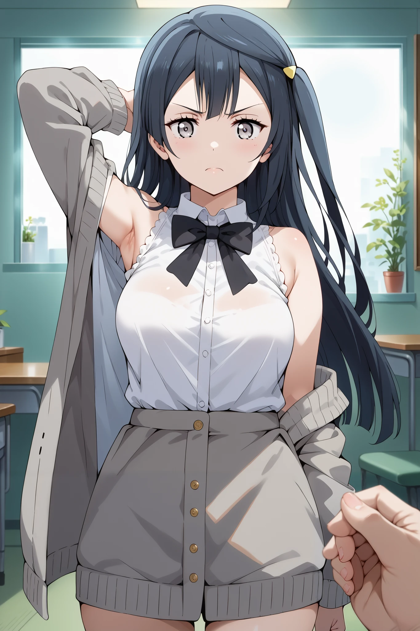 score_9, score_8_up, score_7_up, source_anime, 4K,perfect fingers,(perfect hands, perfect anatomy),prefect lighting, very aesthetic, intricate details,highly detailed background, masterpiece, high quality, best quality,
1girl, setsuna yuuki, yuuki setsuna (love live!), long hair, bangs, black hair, sidelocks, grey eyes, one side up, hair ornament, Large Breast,,
wearing ((black bowtie,white shirt,sleeveless, off shoulder, grey cardigan, open clothes, )),,
looking at viewer, (cowboy shot:1.5),armpits,arm up, (angry), pov, (perfect hands, perfect anatomy),