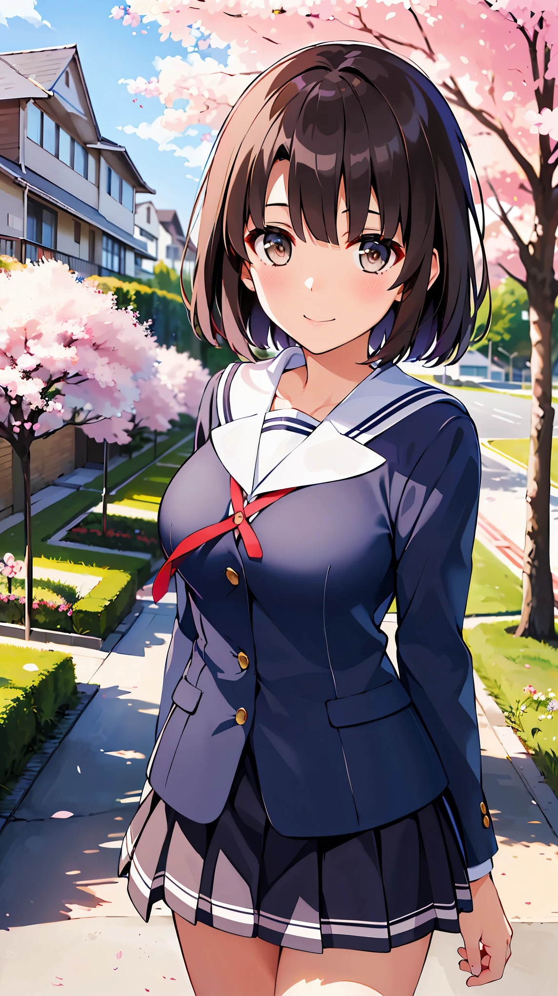 ((masterpiece, Highest quality, High Resolution)), bitches line up in front of the motel,
break, 1 girl, standing, cowboy shot, close your mouth, smile,
break, (Outdoors, cherry blossom ),
break, BB Megumi , short hair, school uniform, sailor color, (blue shirt:1.2), Long Sleeve, pleated skirt, blue skirt