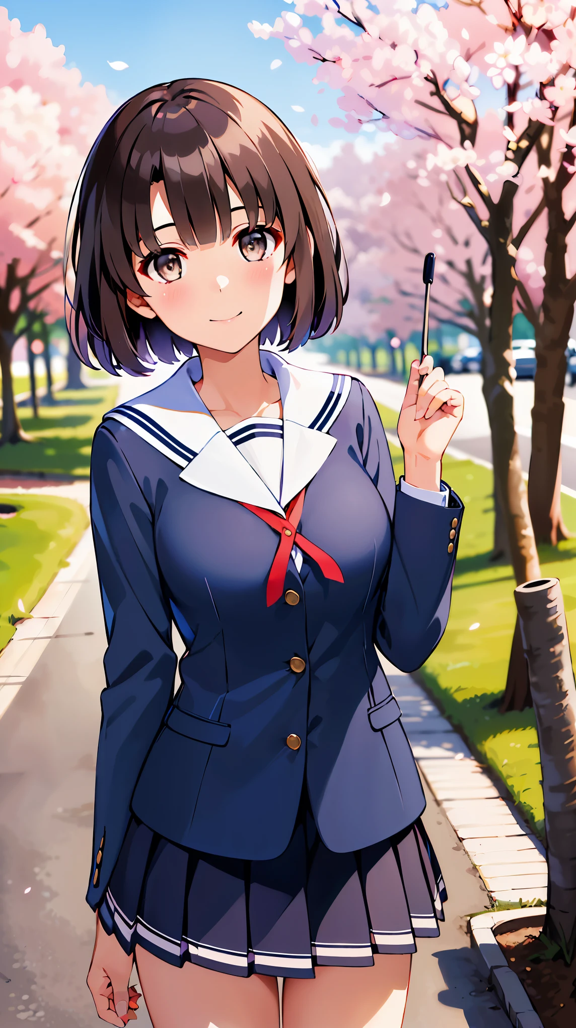 ((masterpiece, Highest quality, High Resolution)), bitches line up in front of the motel, 
break, 1 girl, standing, cowboy shot, close your mouth, smile, 
break, (Outdoors,  cherry blossom ),   
break, BB Megumi ,  short hair,  school uniform, sailor color, (blue shirt:1.2),  Long Sleeve, pleated skirt,  blue skirt