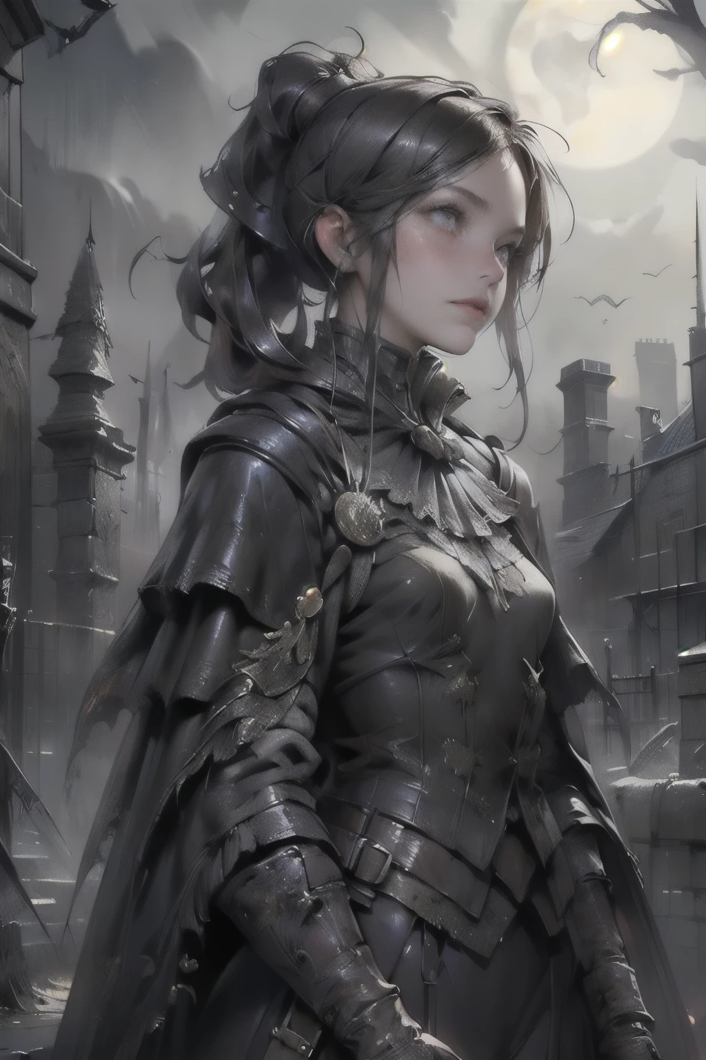 ((best quality)), ((masterpiece)), (detailed), score_9, score_8_up, score_7_up, score_6_up, (1girls), a female occultic knight, witch, knight, wielding a rapier-like sword, perfect face (((mastepiece, of the highest quality, super detailed))), photorealistic, Dark fantasy art, dark fantasy, ((gothic art)), ((Bloodborne inspired)), (Victorian era inspired), (Brotherhood Of The Wolf inspired), (typical witches hat sharing design features of a hunter's cap), (leather trousers with buckles and belts), (occultic vibe), (cosmic horror vibe), (occultic military uniform), (military witch), ((intricate and beautiful cloth and leather clothing)), ((complex buckled leather boots)), (regal and elegant, a person of great social importance), ((mature, foreboding atmosphere)), ((dark and gloomy)), ((((Highly detailed face)))), small thin nose, Small thin lips mouth, (((Very sharp focused eyes))), ((perfect symmetrical beautiful eyes)). looking here, (resolved expression), (resolute expression), (sad face), beautiful (((very small breasts))), (((little boobs))), (((tiny breasts))), (((flat chest:0.1))), (((very tiny boobs))), (((very flat chested))), ((brunette)) hair, ((long ponytail, thick ponytail, heavy ponytail)), very long eyelashes, soft lighting