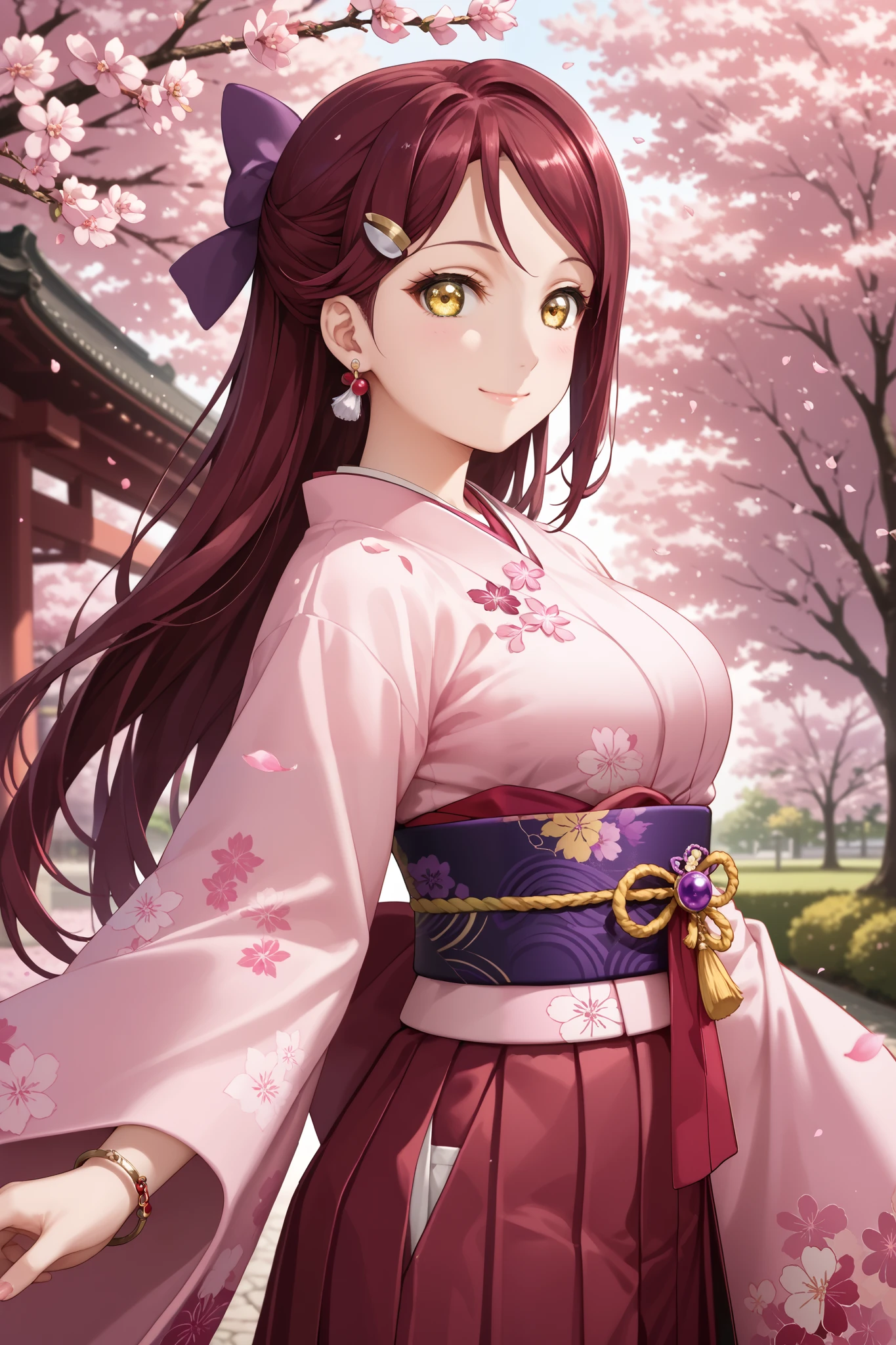 score_9, score_8_up, score_7_up, source_anime, riko sakurauchi, long hair, hair ornament, yellow eyes, red hair, hairclip, long hair, straight hair, hair bow, Small petal earrings, Russet Hakama, Taisho Fashion, Sheer Pink Kimono, Floral, Station Bracelet, Purple obi, Delicate obi decoration, Gorgeous obi, Elegant pose, Standing, Cowboy Shot, Rim Lighting, light smile :o, Outdoor, cherry blossoms, Cherry blossom petals, park, Large Breasts, Beautiful Face, Idol, cute, Transience, Beautiful Hair, Beautiful fingers, BREAK High-quality kimono, side view, looking at viewer, (overfit style:1.2), very aesthetic, AIU
