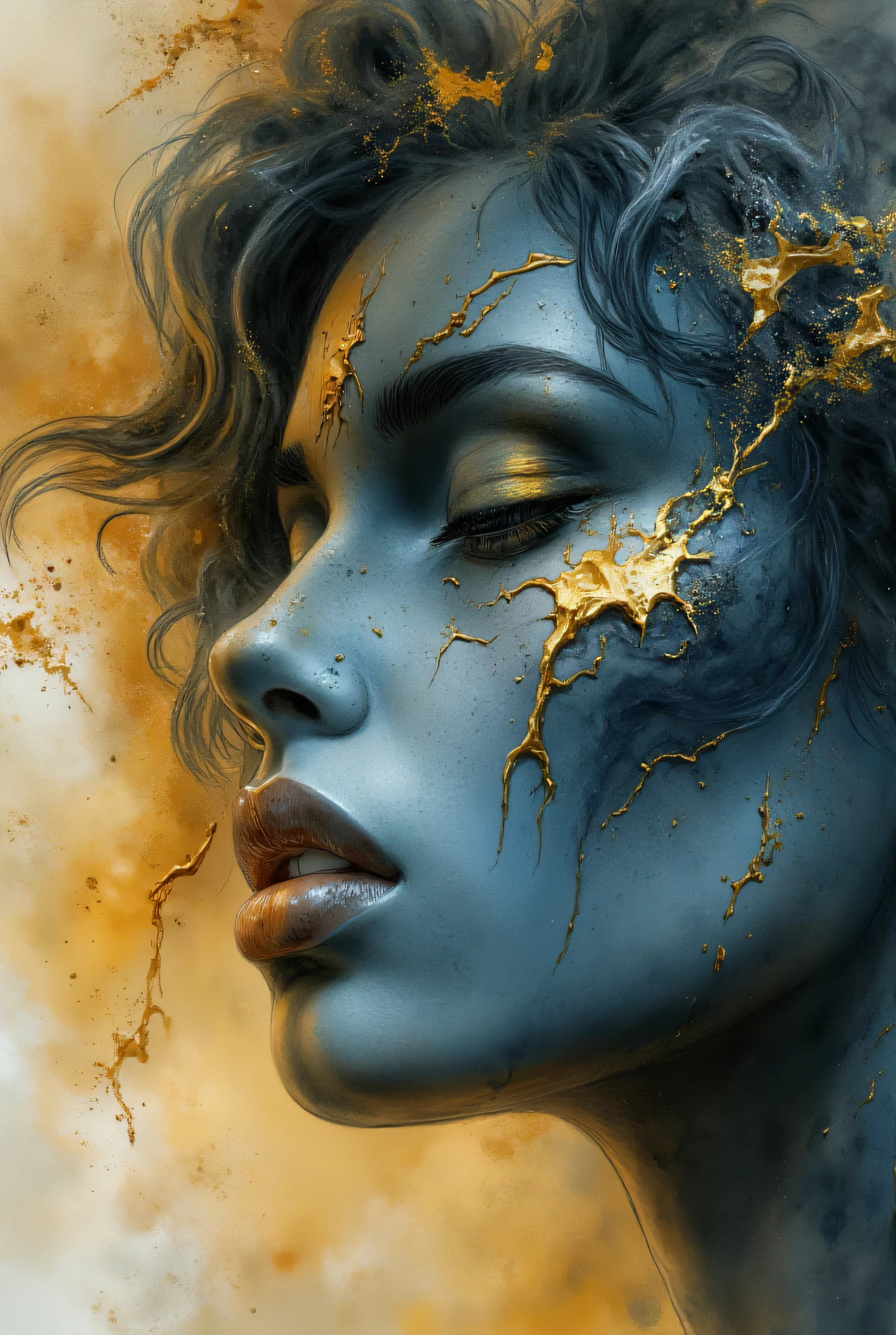 photorealistic, hyper detailed female face of smoke and black, blue, and gold color. Added in a style reference, a composition reference, Hyper realistic, splash images, splattering, Fauvism, Geometric, Marble.