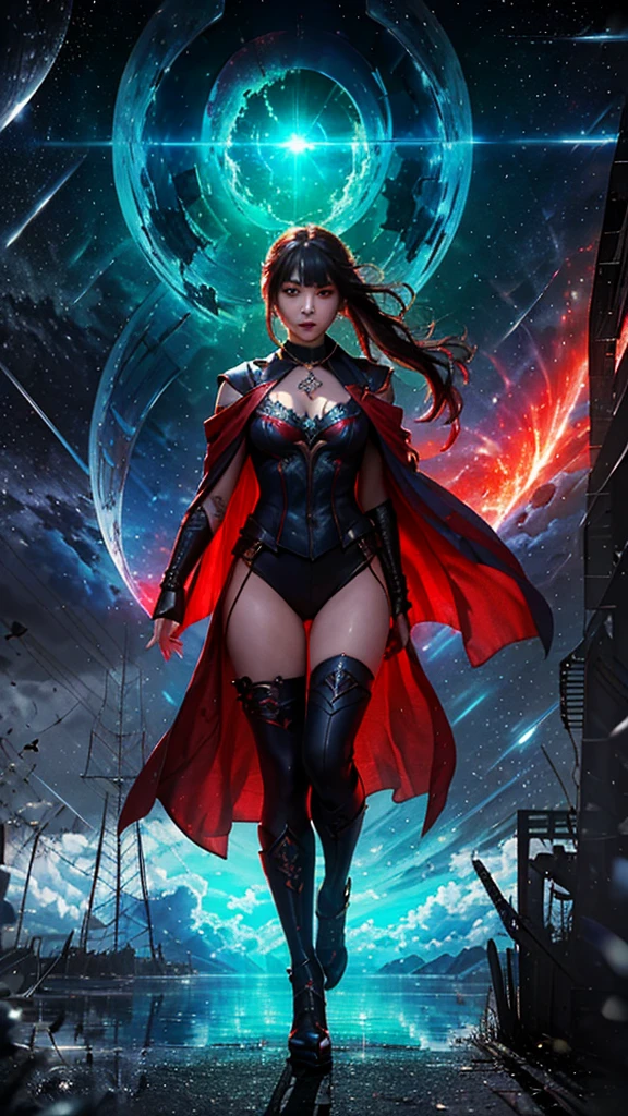 1 woman walking through a futuristic post-apocalyptic landscape, destroyed ships and starry sky. Revealing tight outfit, long black hair, wears a long, faded brown cape with a hood. seductive body, walked, firm look. survivor, stage background destroyed by a battle. big eyes, detailed eyes, detailed face. wind. curved. during the day, desert.