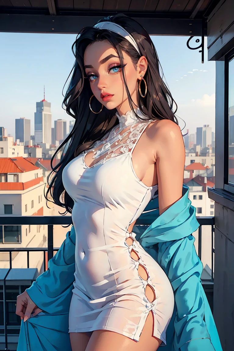 masterpiece, best quality,landscape with dimensions, cowboy shot, a photo of a beautiful woman, black hair, fishtail braid hairstyle, (skinny:1.1), medium breasts, short dress, <lora:shortdressv1a:1>