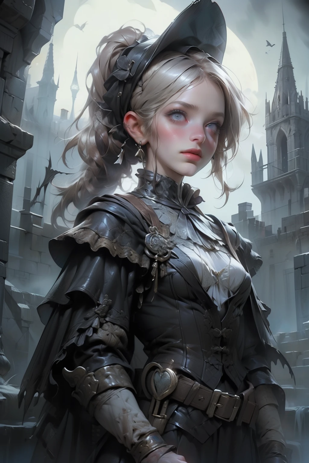 ((best quality)), ((masterpiece)), (detailed), score_9, score_8_up, score_7_up, score_6_up, (1girls), a female occultic knight, witch, knight, wielding a rapier-like sword, perfect face (((mastepiece, of the highest quality, super detailed))), photorealistic, Dark fantasy art, dark fantasy, ((gothic art)), ((Bloodborne inspired)), (Victorian era inspired), (Brotherhood Of The Wolf inspired), (typical witches hat sharing design features of a hunter's cap), (leather trousers with buckles and belts), (occultic vibe), (cosmic horror vibe), (occultic military uniform), (military witch), ((intricate and beautiful cloth and leather clothing)), ((complex buckled leather boots)), (regal and elegant, a person of great social importance), ((mature, foreboding atmosphere)), ((dark and gloomy)), ((((Highly detailed face)))), small thin nose, Small thin lips mouth, (((Very sharp focused eyes))), ((perfect symmetrical beautiful eyes)). looking here, (resolved expression), (resolute expression), (sad face), beautiful (((very small breasts))), (((little boobs))), (((tiny breasts))), (((flat chest:0.1))), (((very tiny boobs))), (((very flat chested))), ((brunette)) hair, ((long ponytail, thick ponytail, heavy ponytail)), very long eyelashes, soft lighting