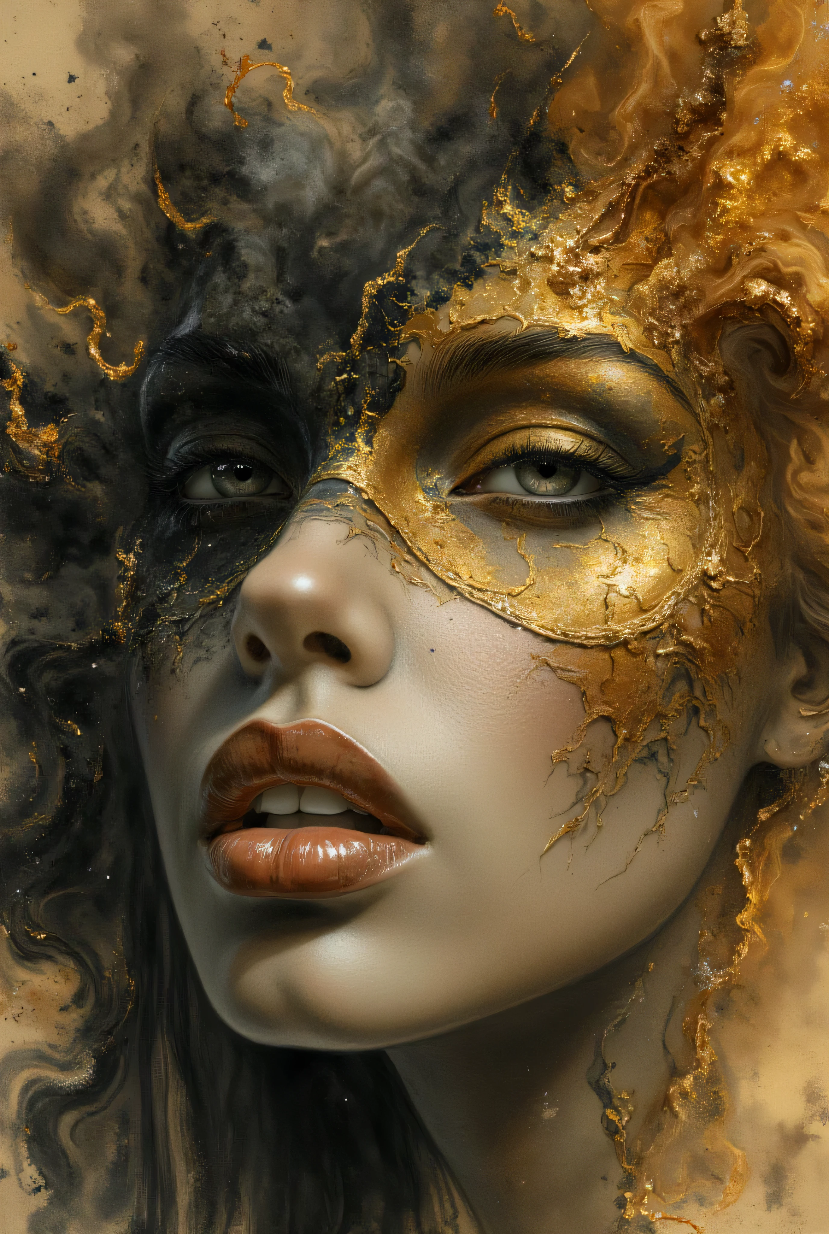 photorealistic, hyper detailed female face of smoke and black, brown, and gold color. Added in a style reference, a composition reference, Hyper realistic, splash images, splattering, Fauvism, Geometric, Marble.