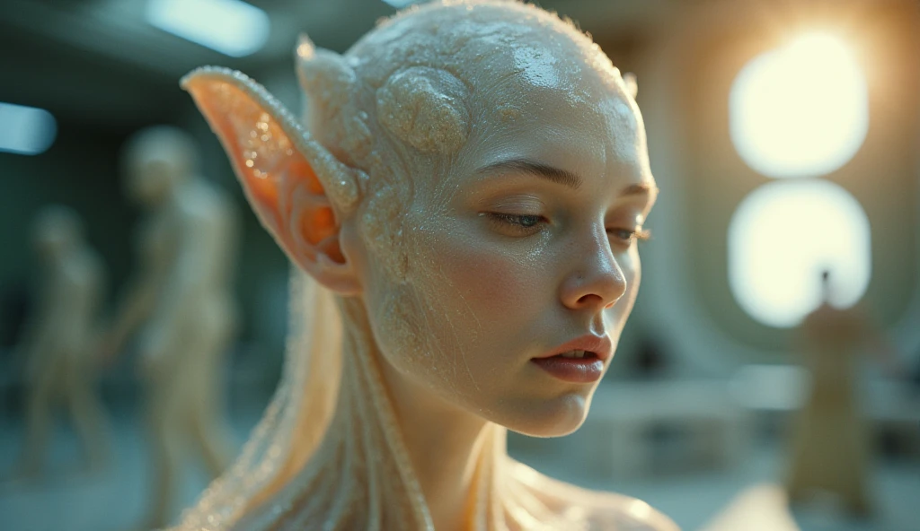 Van Terchall, Translucent ethereal alien with delicate features on a sci-fi setting, Shine from the inside out, Sparks and lights, do lado de fora, Lua, Close-up, Realistic, highly  detailed, 复杂