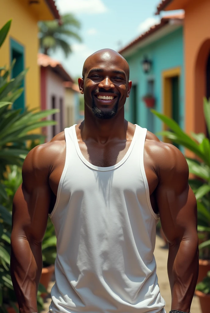 26 year old black guy mathys(real estate agent) with muscles and bald head without a tshirt just wearing shorts making biceps curls on the miami beach