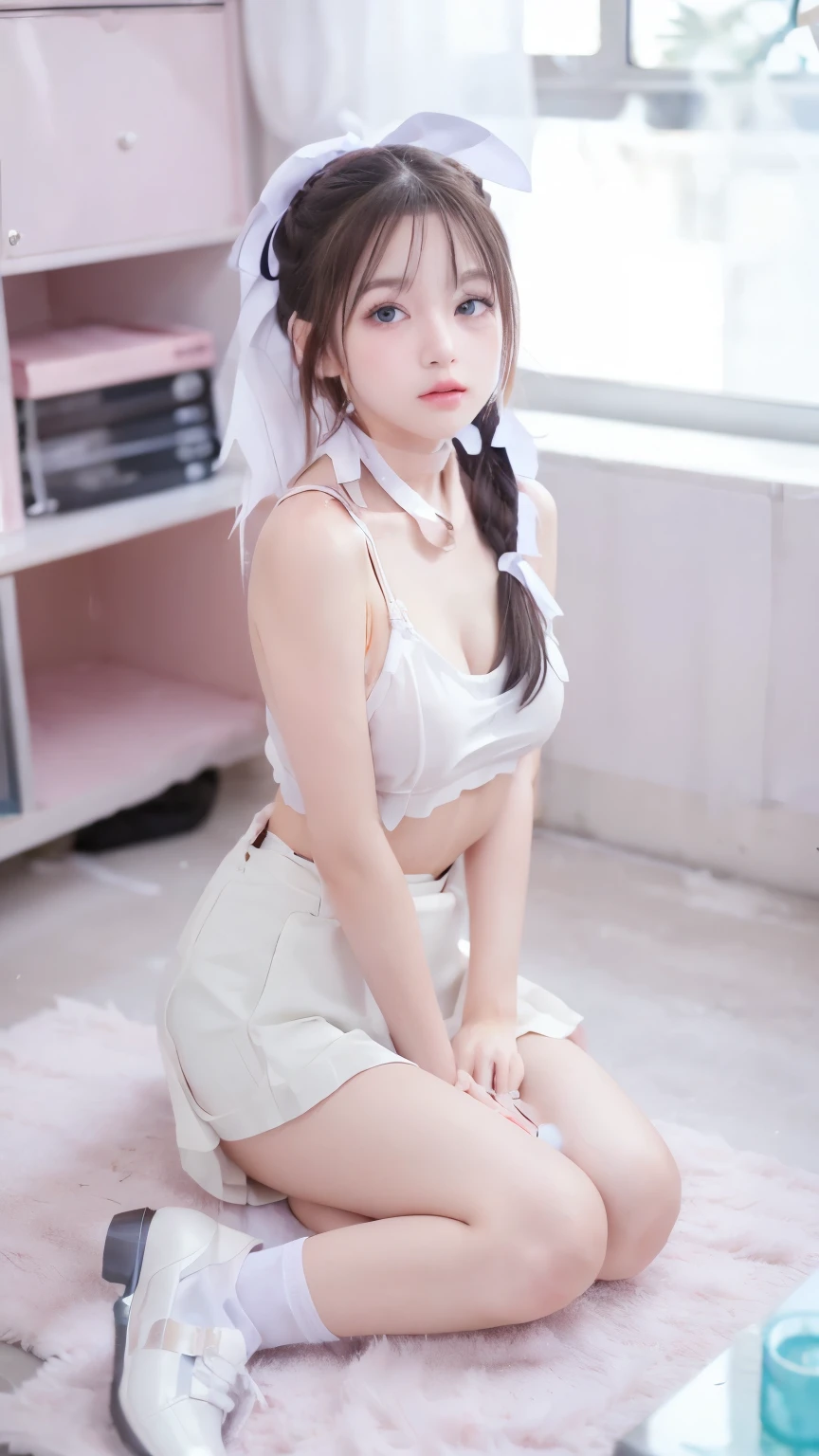  1 girl ,   beautiful 18 year old  , Pigtail , Sporty face, Sporty, Sporty, Sporty, Sporty face, Pale skin, Parts,    blonde hair  ,  Blue Eyes,  , plump and shiny lips ,    big lips  ,    thick lips,    half-open lips   ,  Light pink lip gloss , mask, thin thighs, petite body, , thin,  flat chest , thin,  body(body heigth:140cm), Big head,   pure look  ,   youthful face  ,   long pink nails  , Choker, Feet and heels hd  ,   with big hoop earrings, Small square skirt   ,    bare shoulders . ,   tight white socks  ,   Black patent leather high heels  , darling,  , sitting in the bedroom with candles and soft warm light..   White Tank Top  ,   perfect eyes  ,  very   Beautiful eyes ,  Sporty and expressive  ,    Beautiful eyes  , Photo 35mm . ., movies,  bokeh,   Professional  , 4K,    high dynamic light  , Real picture, 8k, raw, Rico,  intricate details , Desnuda  ,  without clothes  
